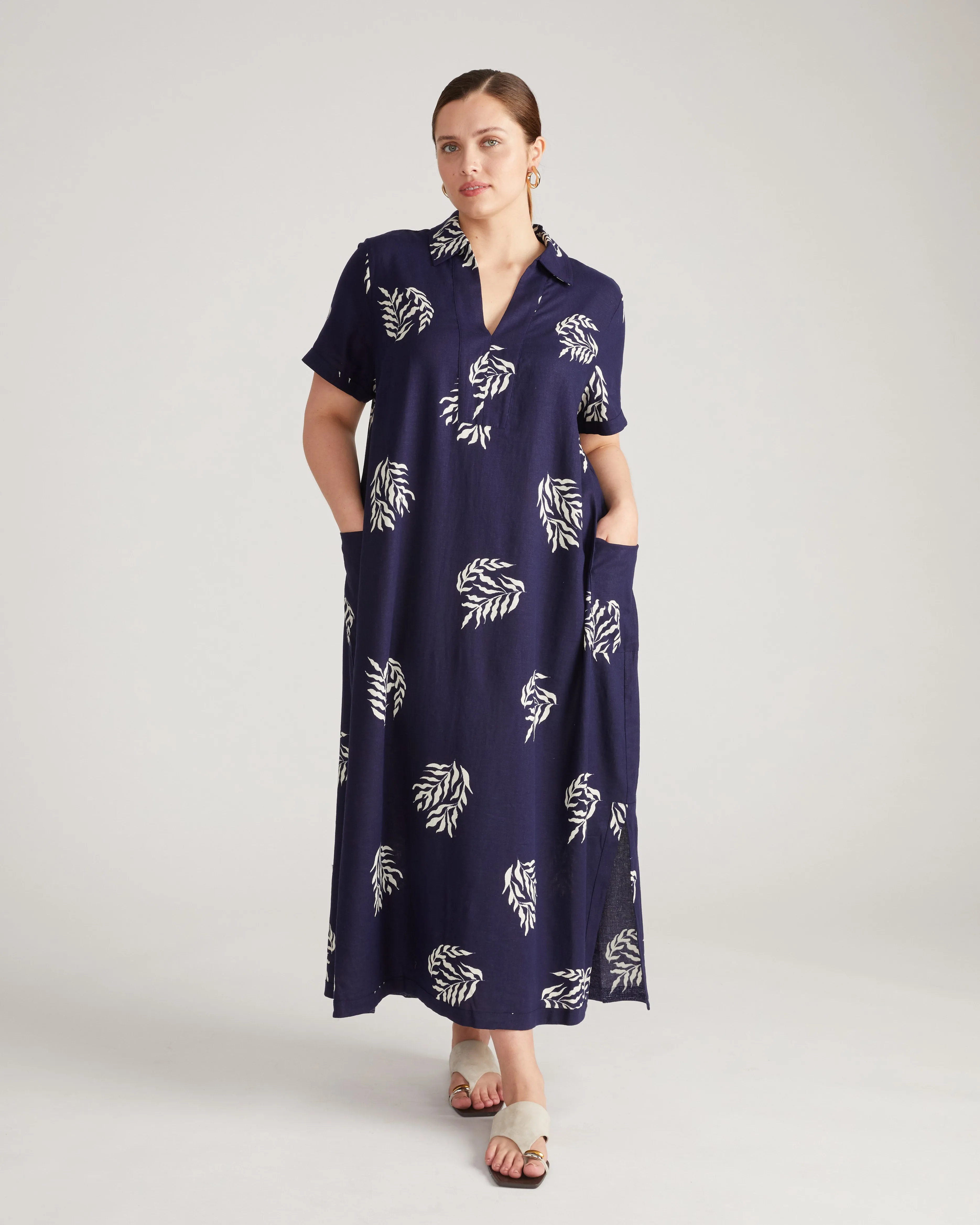 Padma Polo Neck Linen Dress - Beachgrass Print in Navy sold by Universal Standard product image thumbnail 2