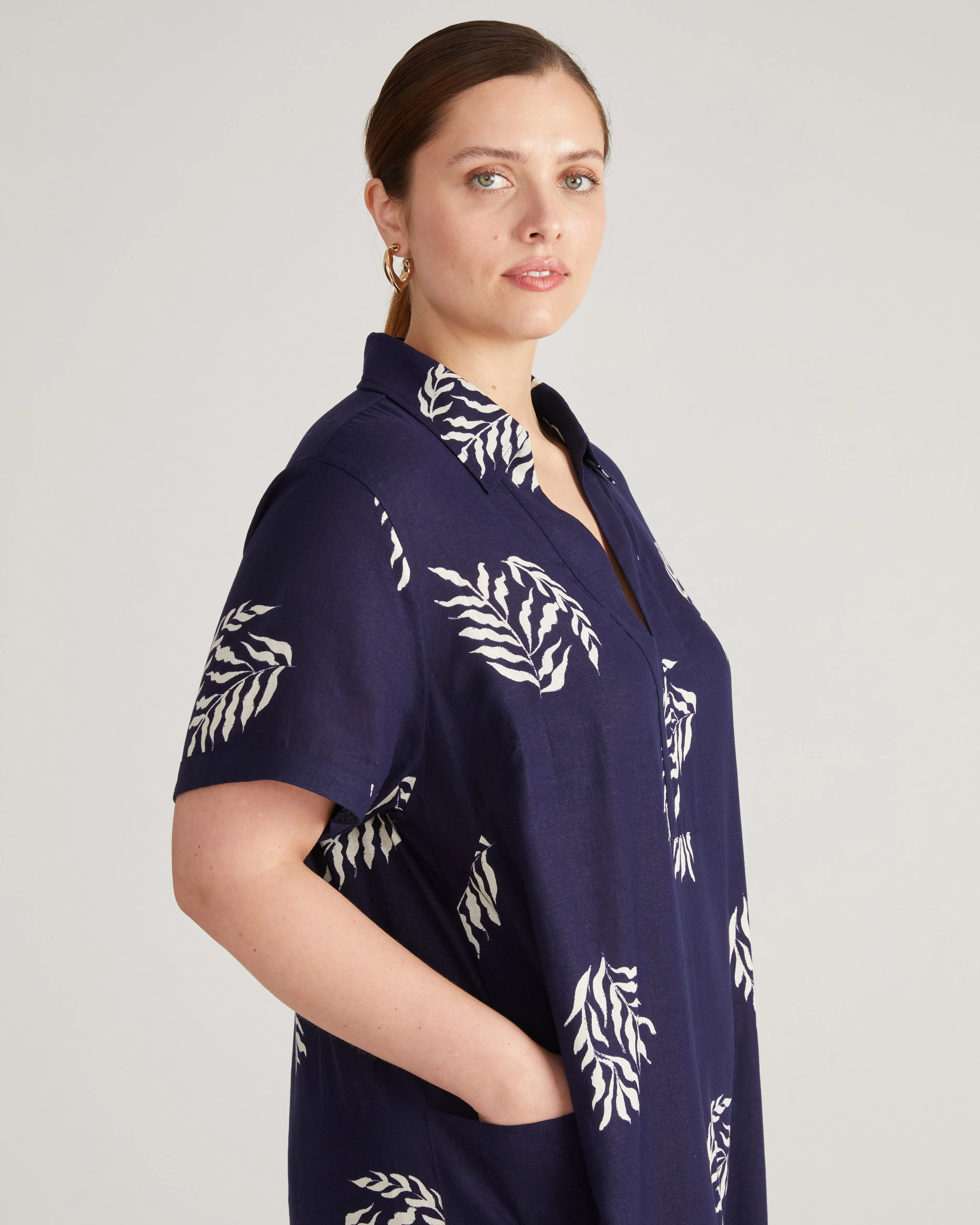 Padma Polo Neck Linen Dress - Beachgrass Print in Navy sold by Universal Standard product image thumbnail 3
