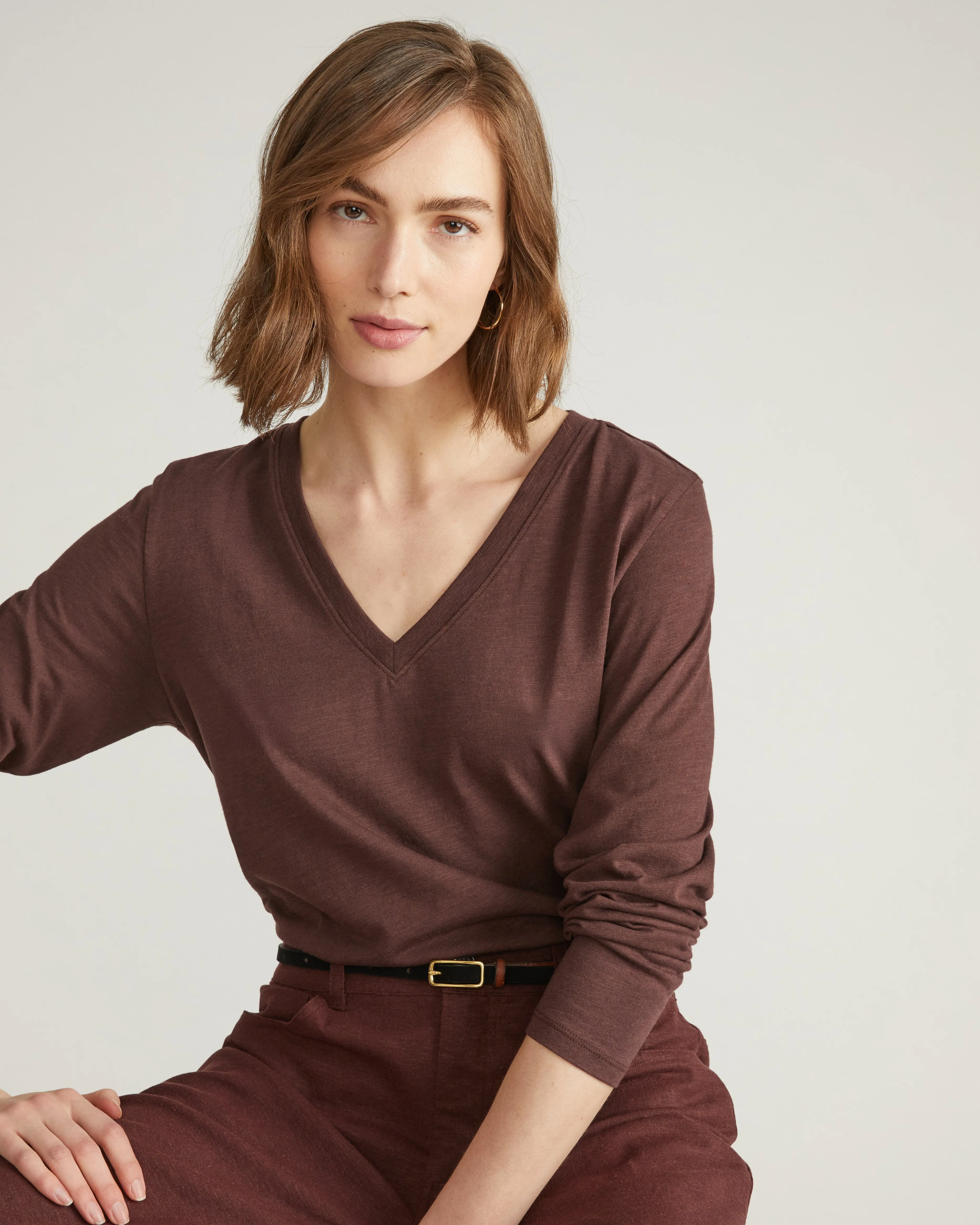 Light-As-Air Long Sleeve V Neck Tee - Brulee sold by Universal Standard