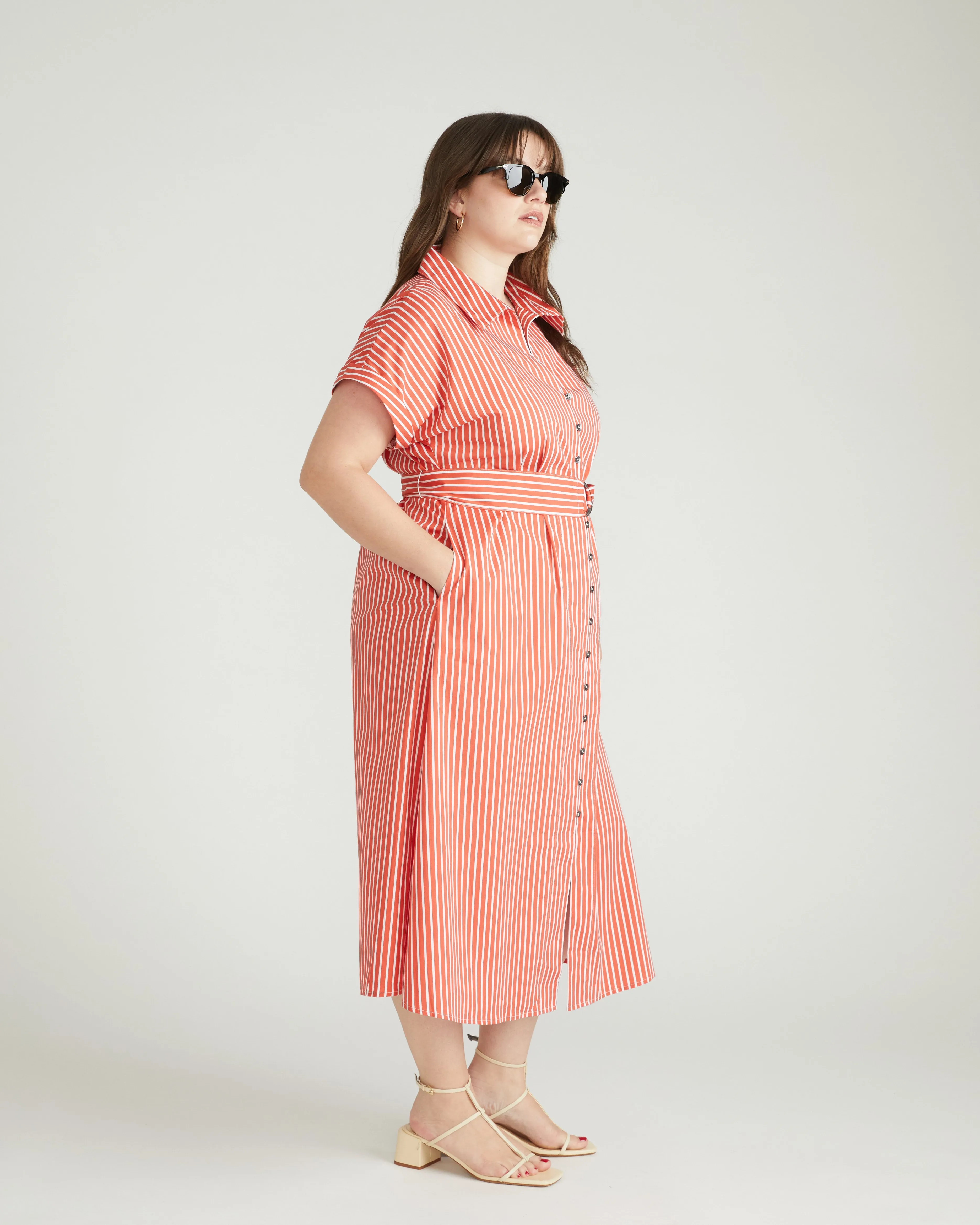Sandy Stretch Poplin Shirtdress - Coral Reef/White Stripe sold by Universal Standard product image thumbnail 4