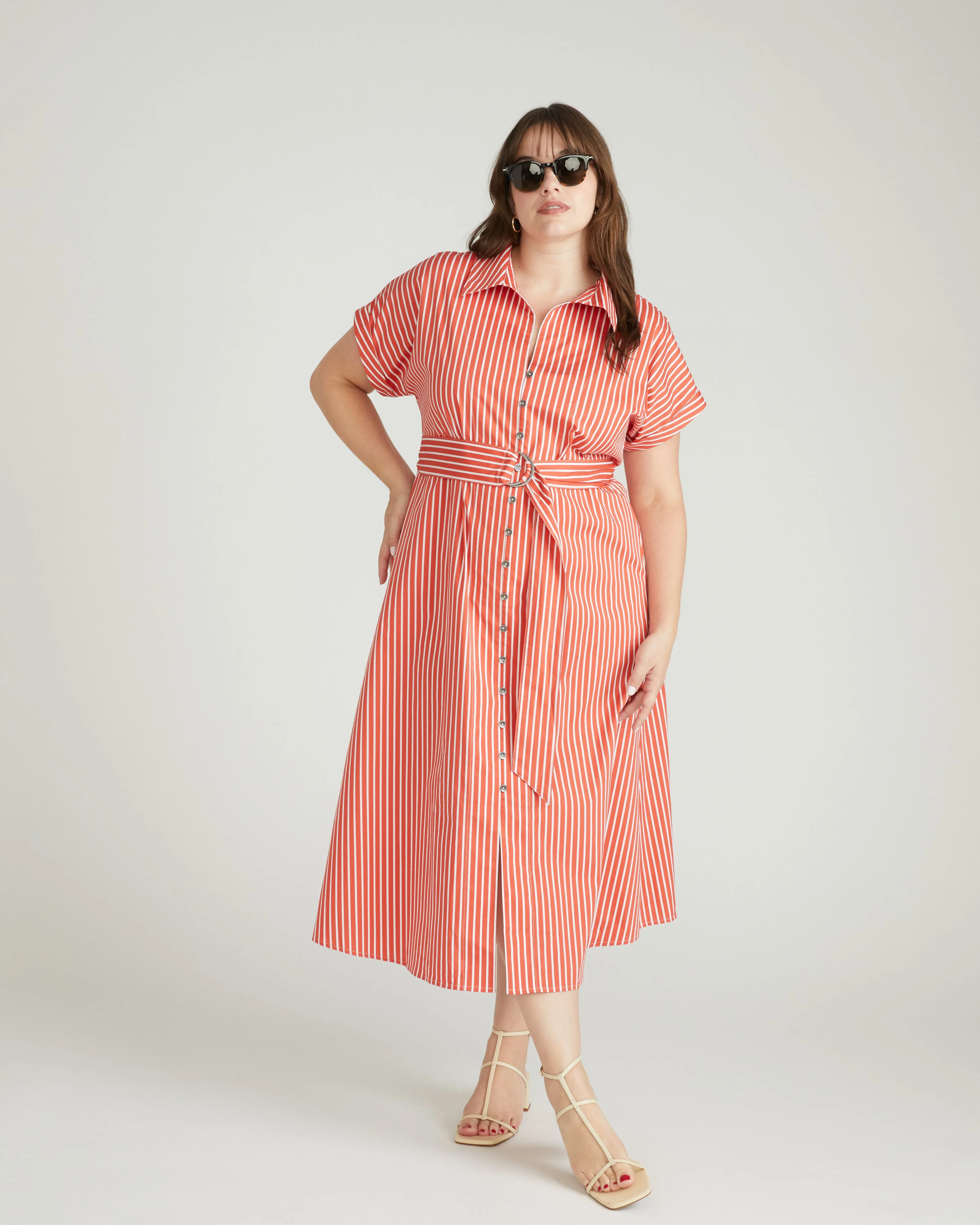 Sandy Stretch Poplin Shirtdress - Coral Reef/White Stripe sold by Universal Standard product image thumbnail 3