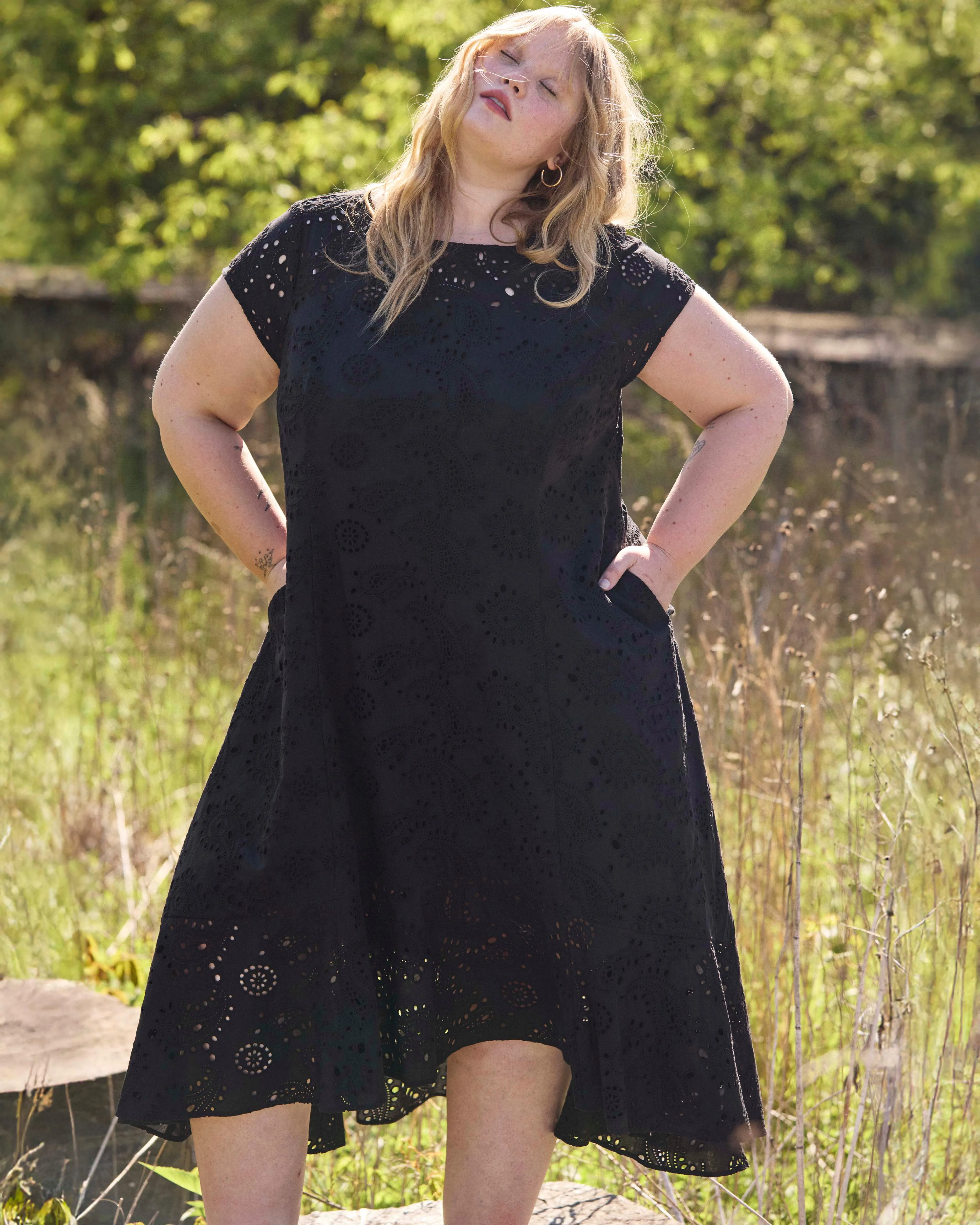 Sunset Cotton Eyelet Flounce Dress - Black sold by Universal Standard