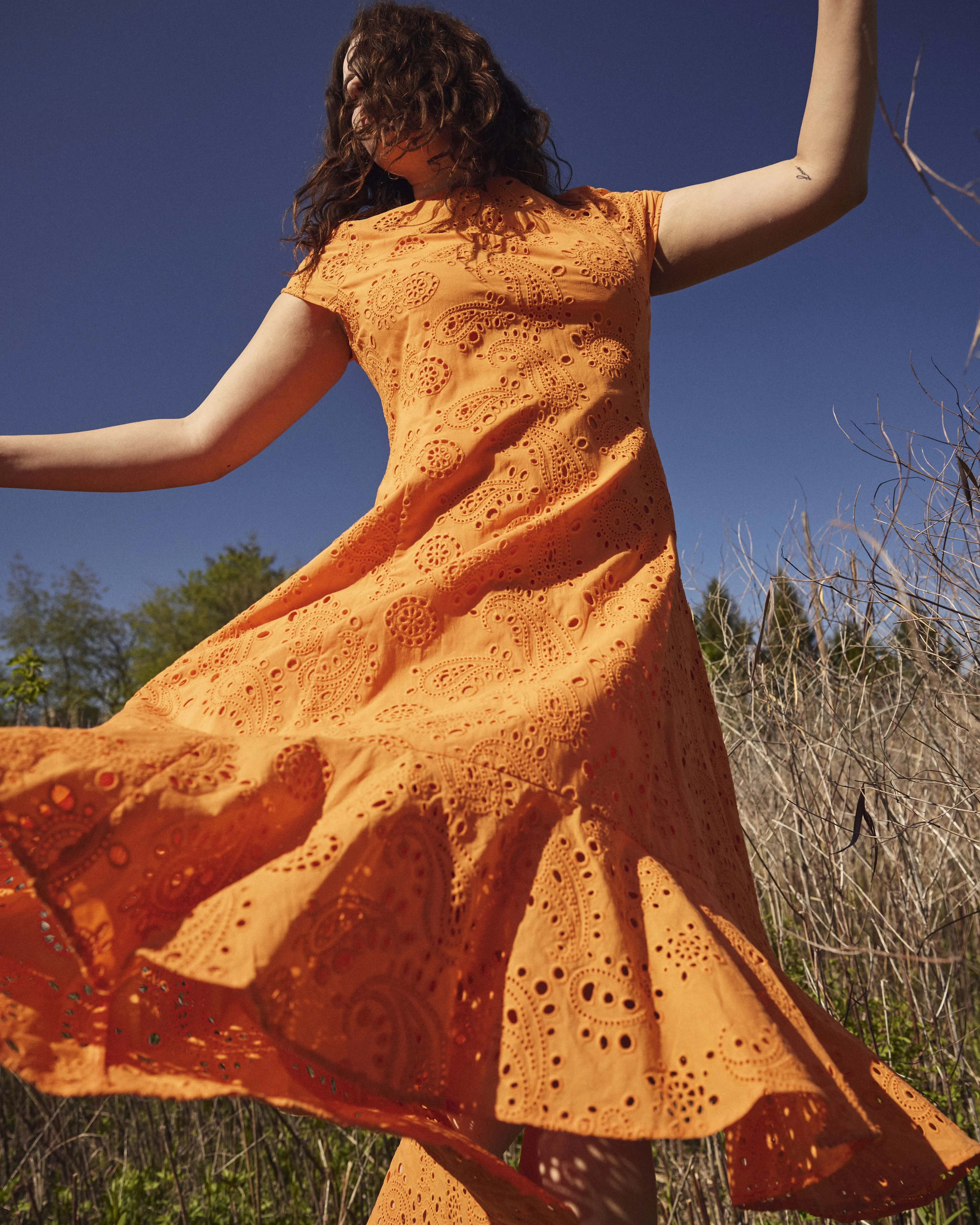 Sunset Cotton Eyelet Flounce Dress - Arancia sold by Universal Standard