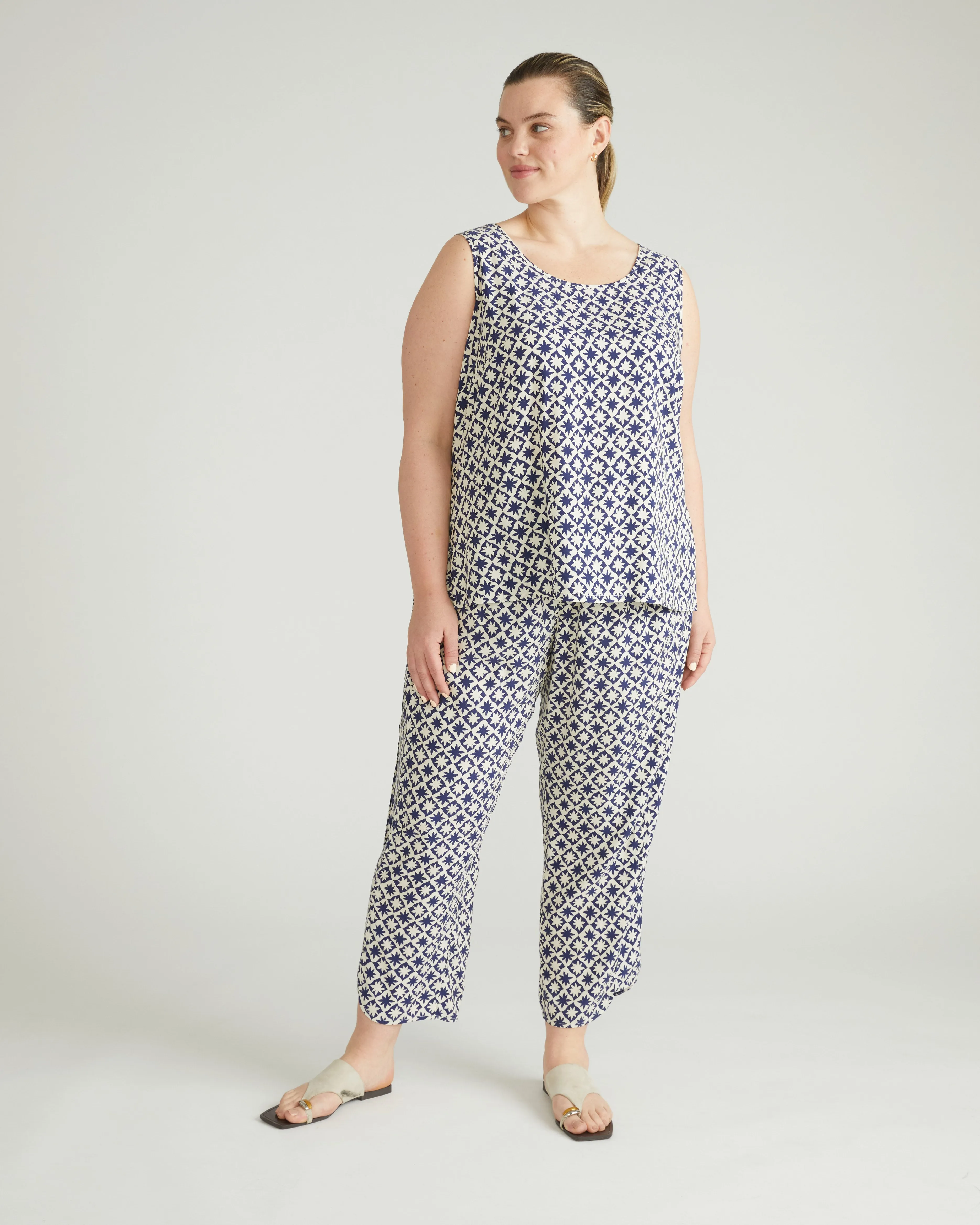 Cooling Stretch Cupro Pants - Navy Hacienda Print sold by Universal Standard