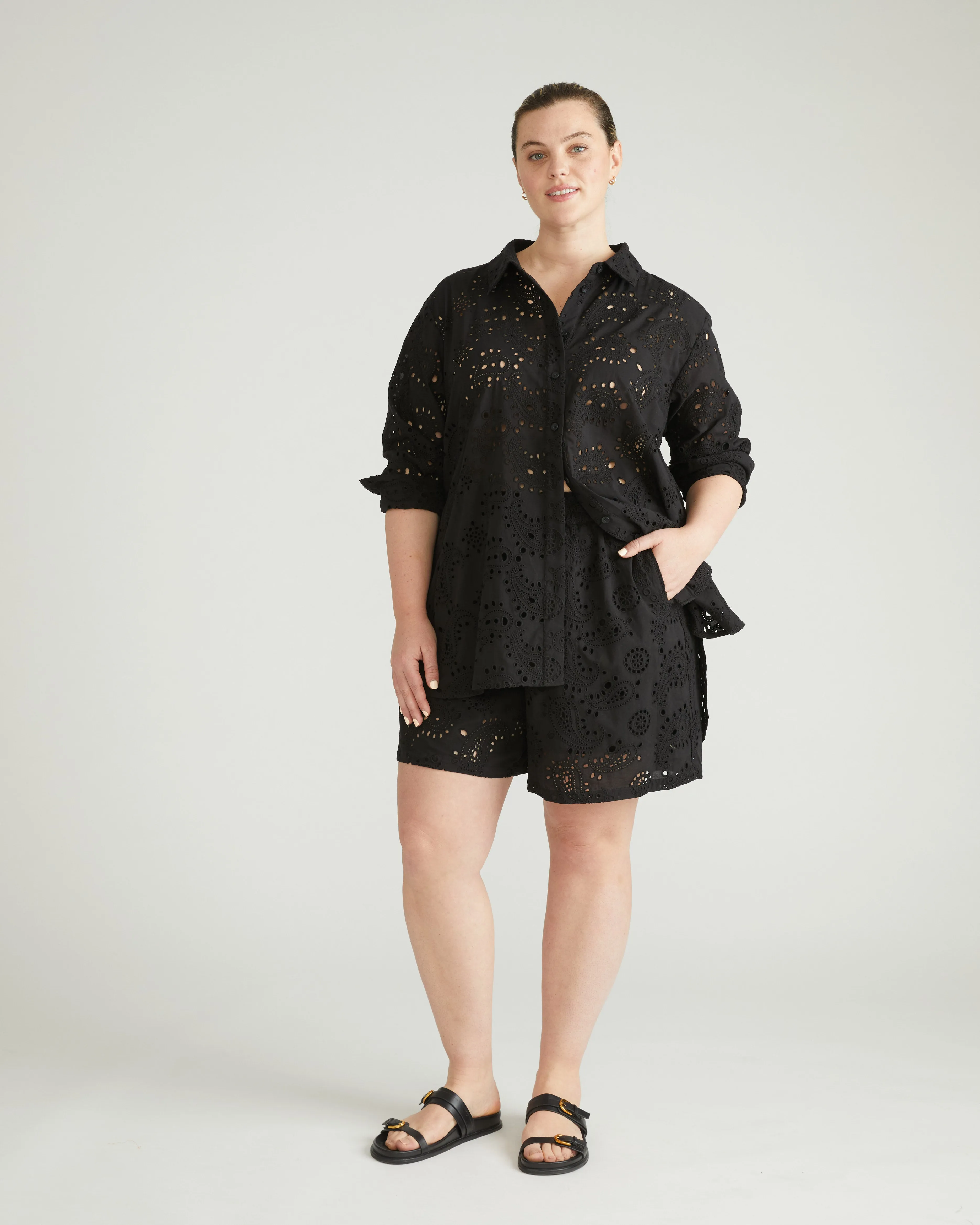 Lulu Cotton Eyelet Shorts - Black sold by Universal Standard