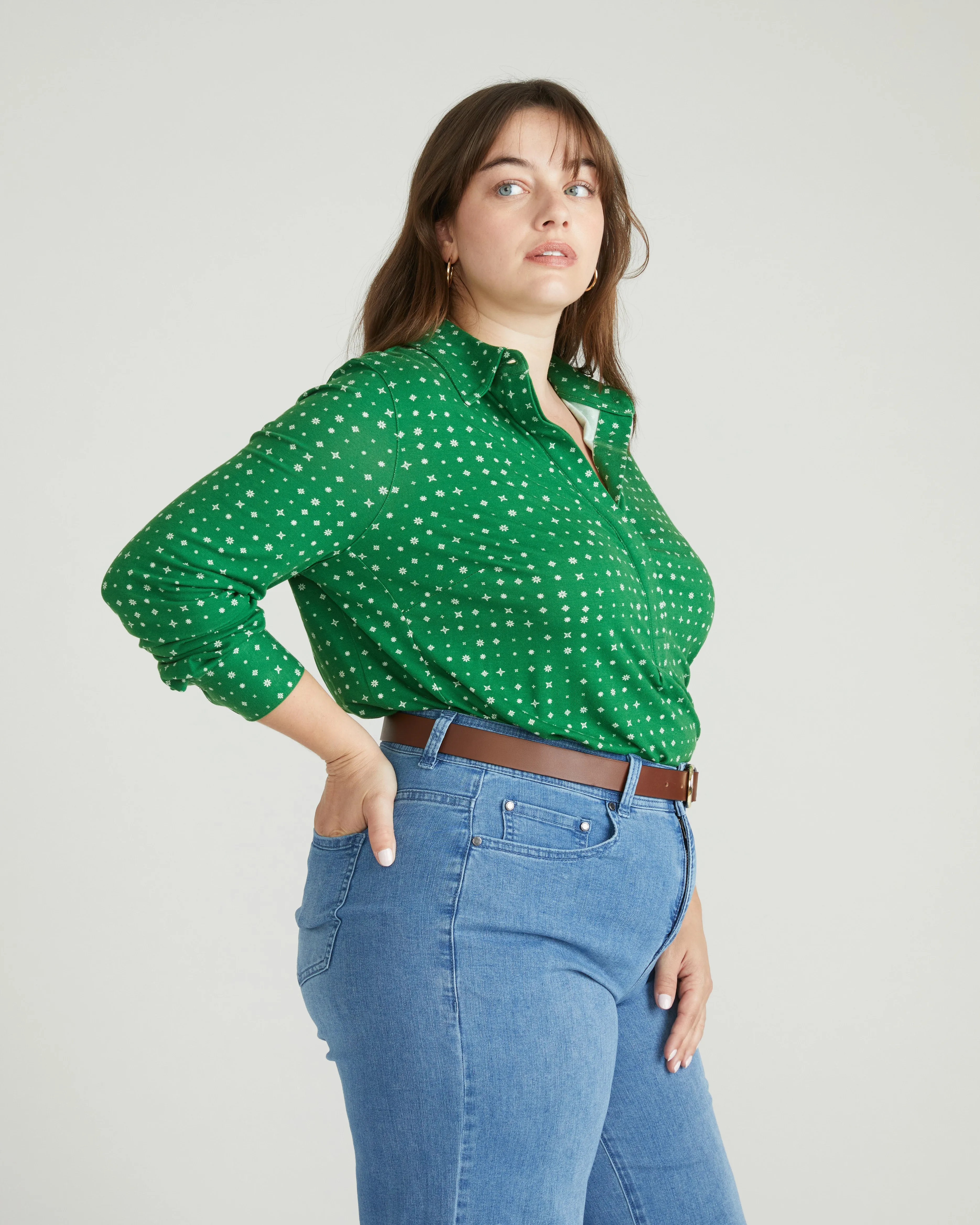 Elbe Popover Liquid Jersey Shirt Classic Fit - Galactic Print in Green sold by Universal Standard product image thumbnail 2