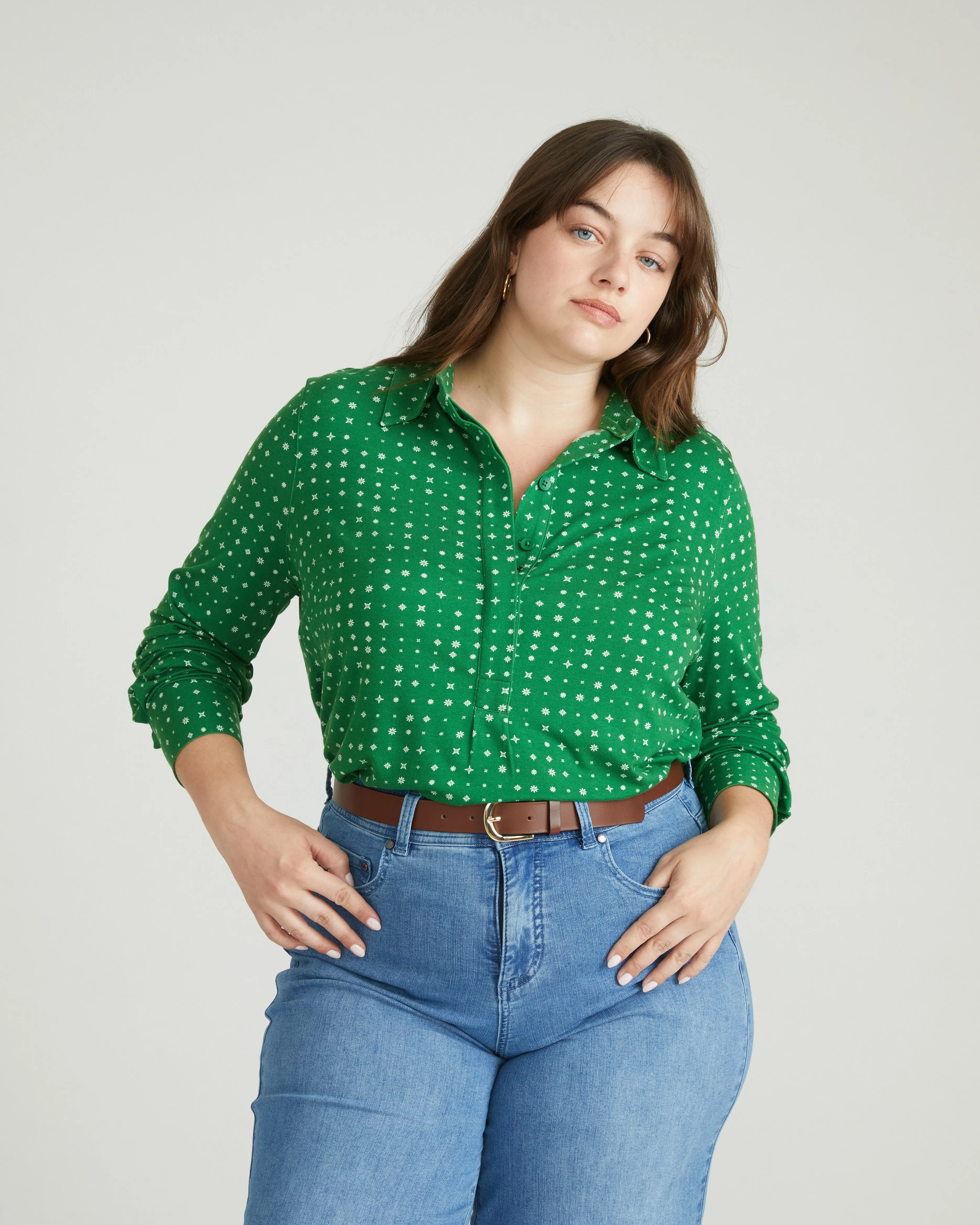 Elbe Popover Liquid Jersey Shirt Classic Fit - Galactic Print in Green sold by Universal Standard