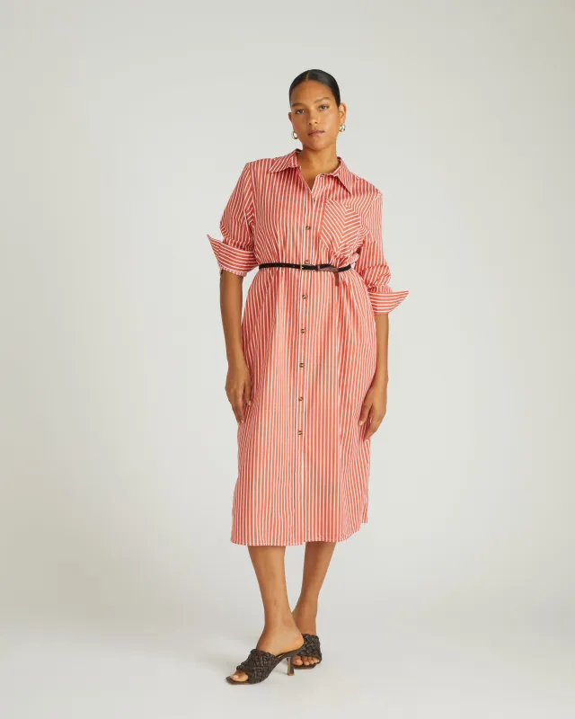 Odeon Stretch Poplin Shirtdress - Coral Reef/White Stripe sold by Universal Standard
