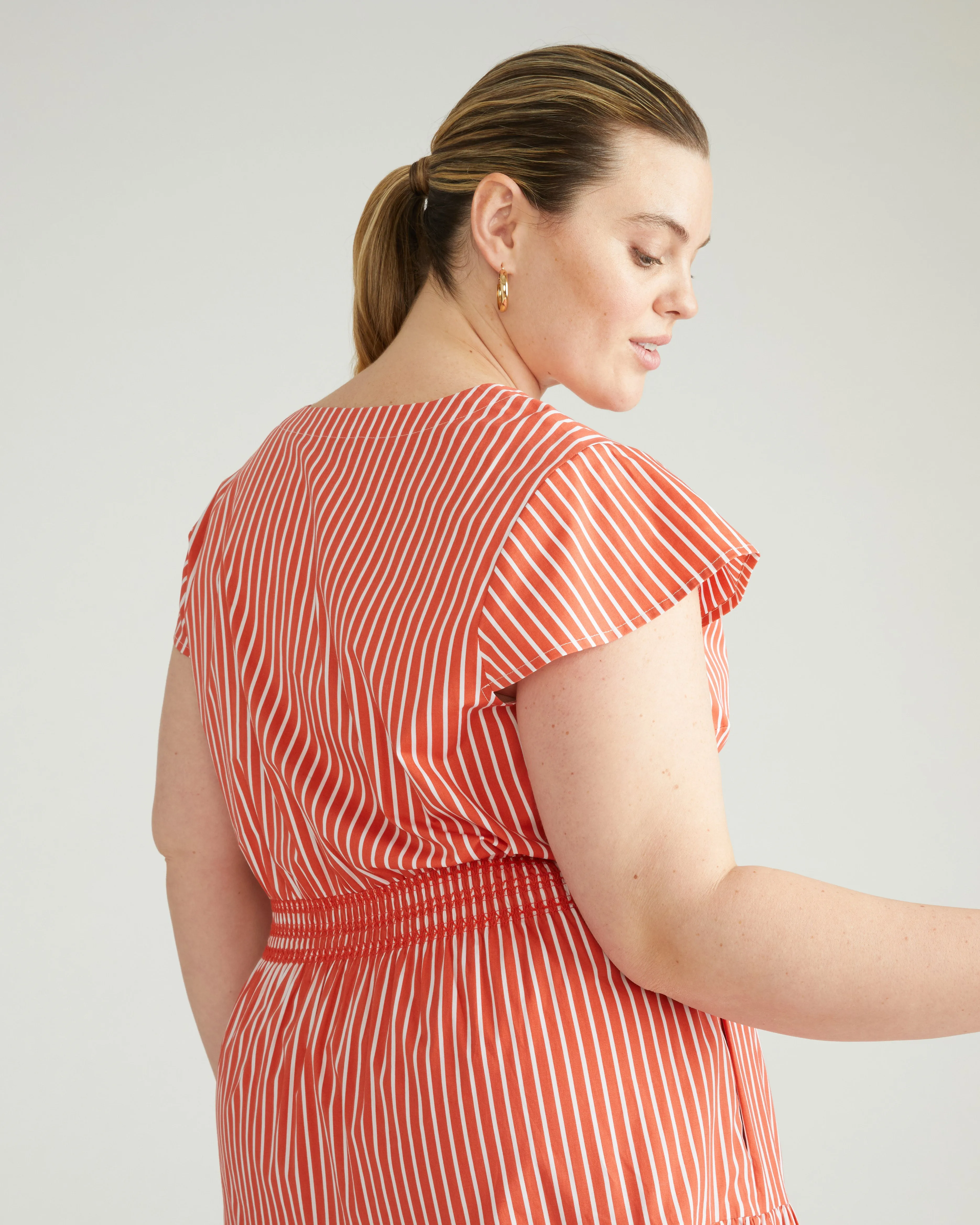 Ambroeus Smocked Poplin Dress - Coral Reef/White Stripe sold by Universal Standard product image thumbnail 3