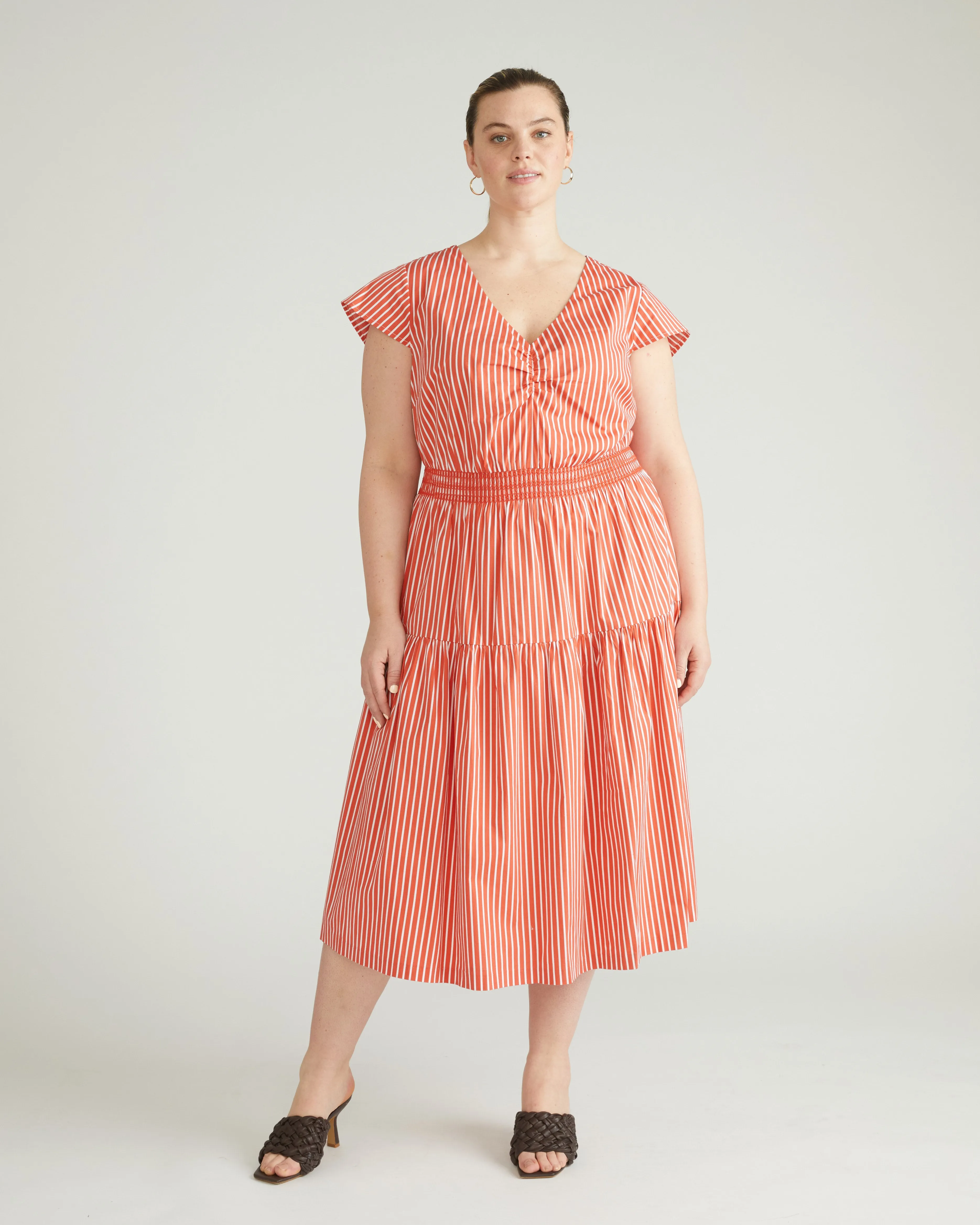 Ambroeus Smocked Poplin Dress - Coral Reef/White Stripe sold by Universal Standard