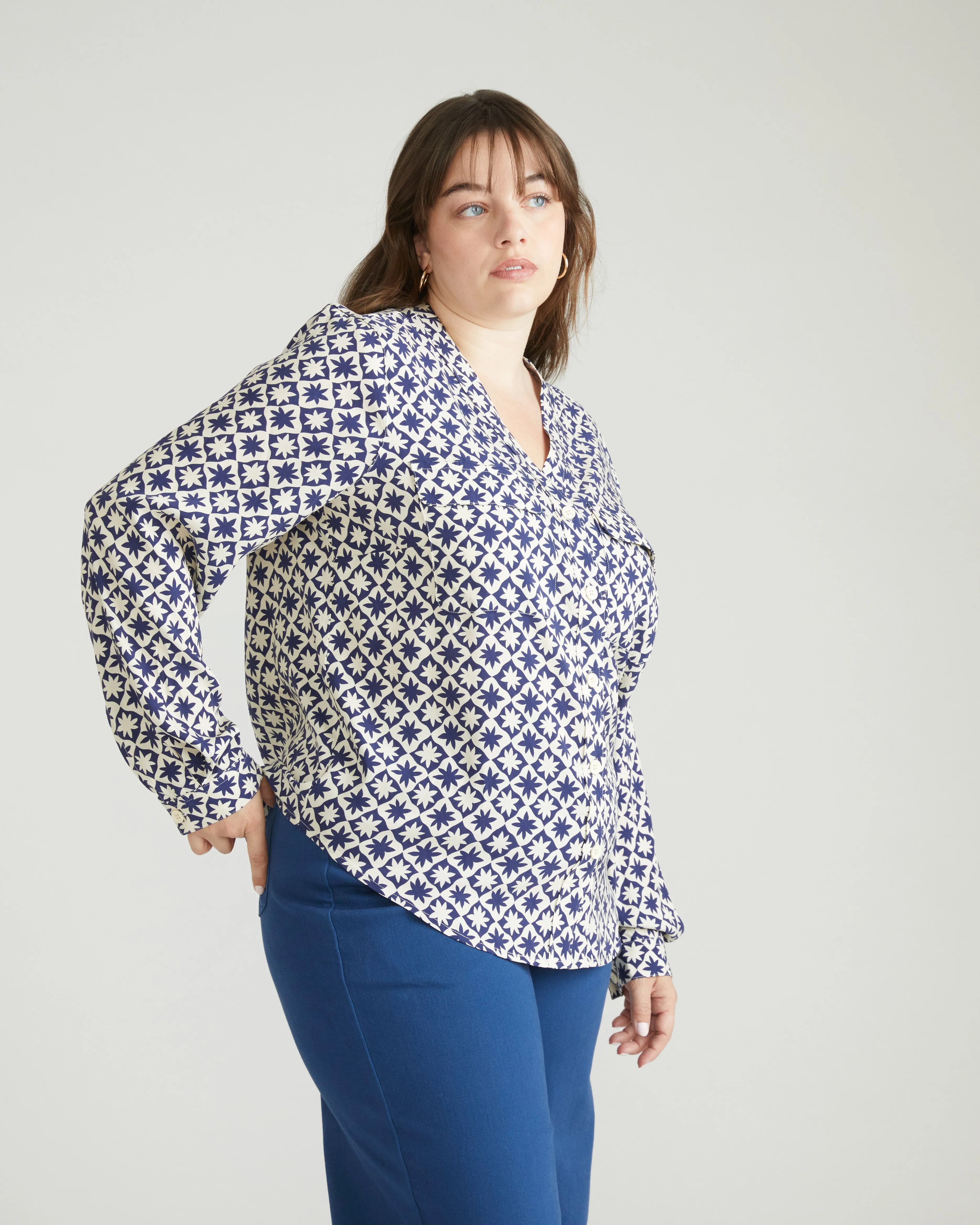 Cooling Stretch Cupro Button-Down Blouse - Navy Hacienda Print sold by Universal Standard product image thumbnail 3