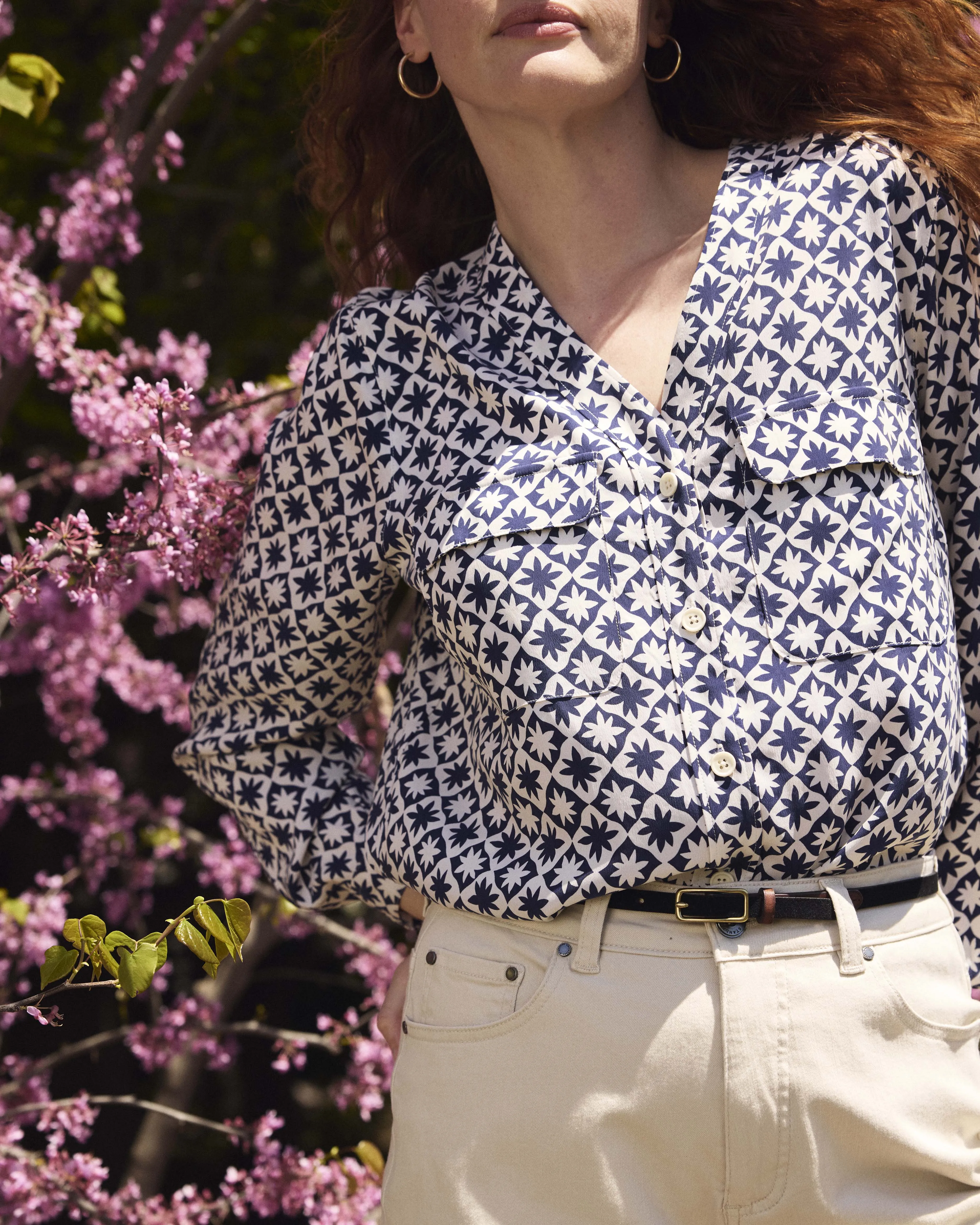 Cooling Stretch Cupro Button-Down Blouse - Navy Hacienda Print sold by Universal Standard