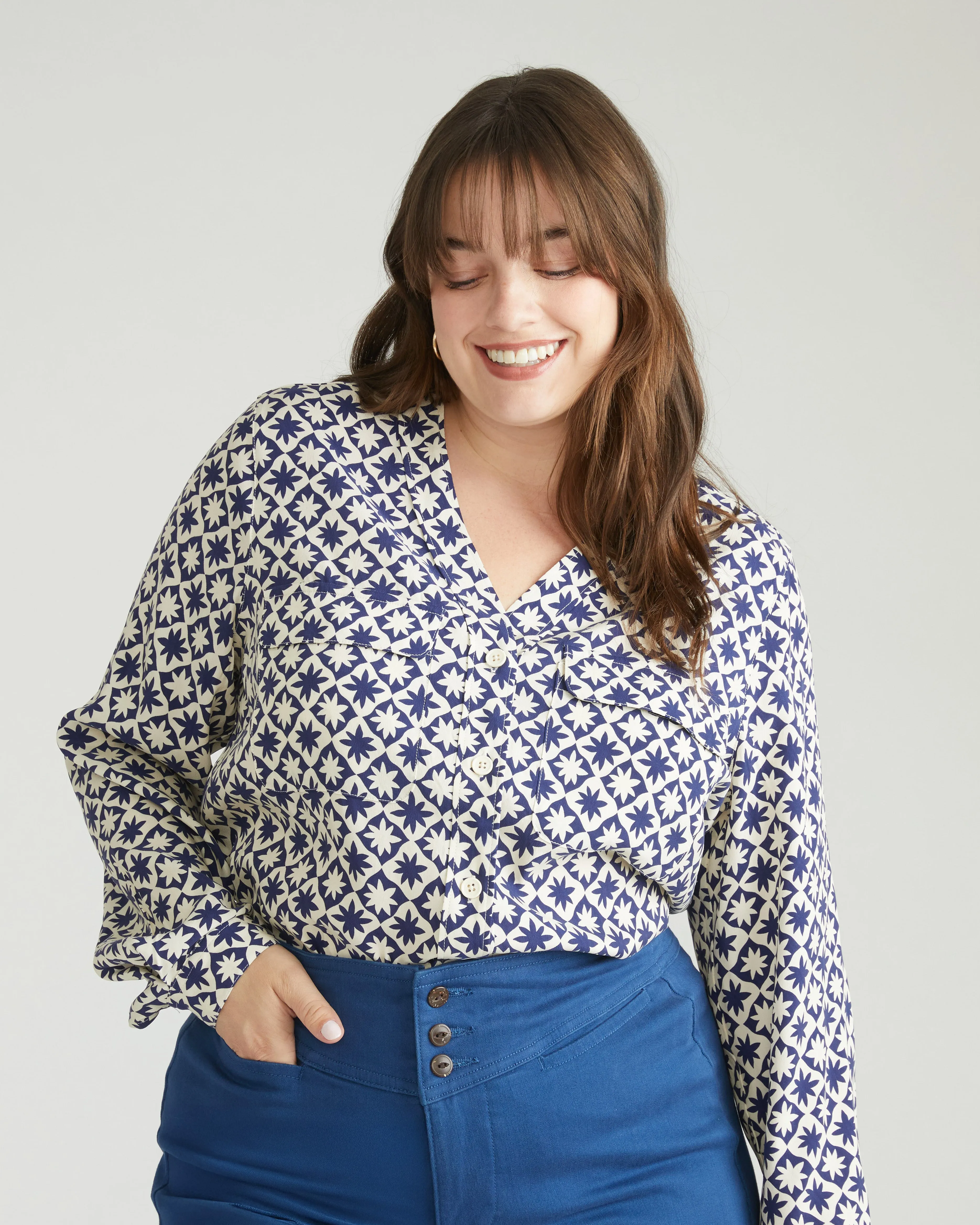 Cooling Stretch Cupro Button-Down Blouse - Navy Hacienda Print sold by Universal Standard product image thumbnail 2