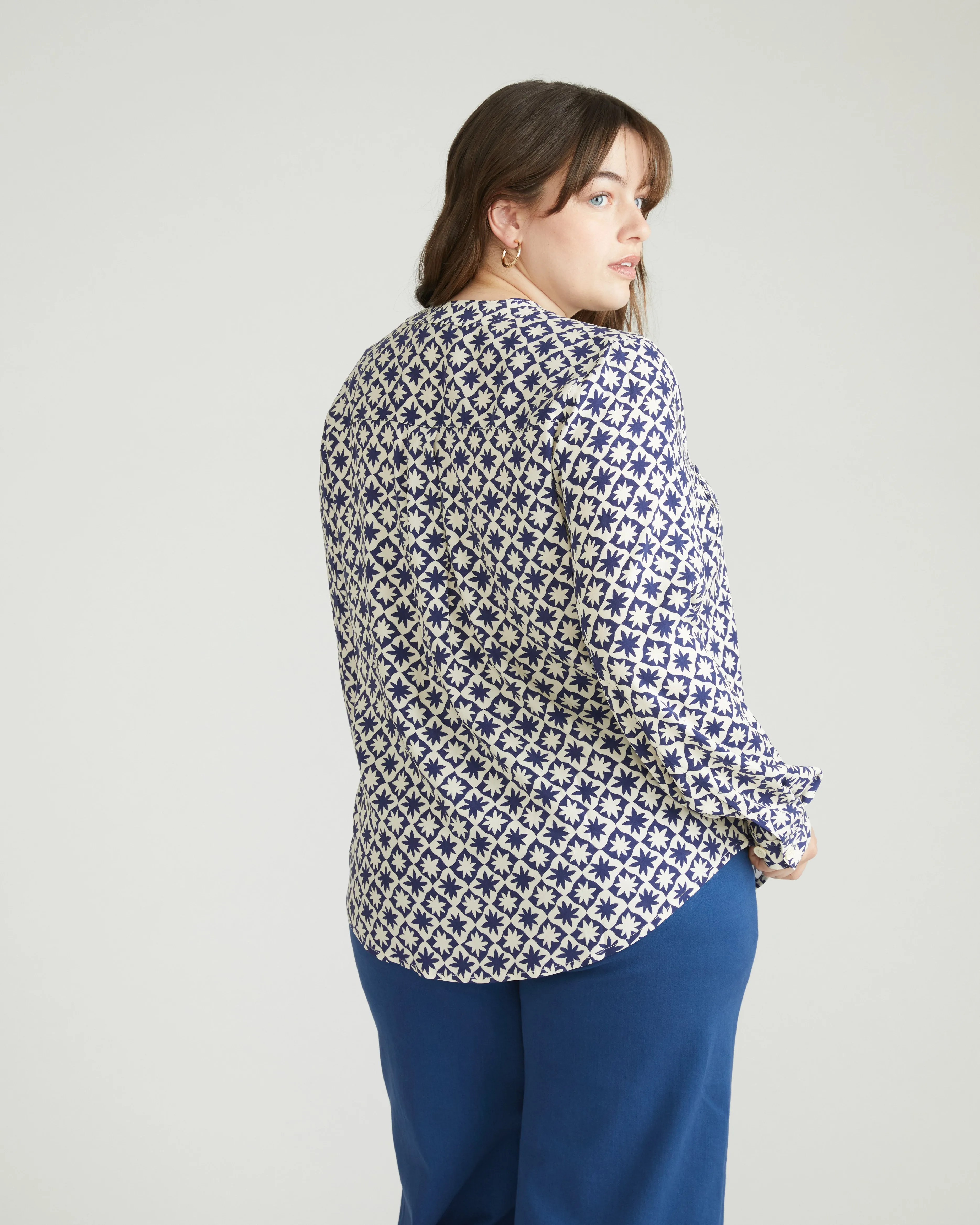 Cooling Stretch Cupro Button-Down Blouse - Navy Hacienda Print sold by Universal Standard product image thumbnail 4