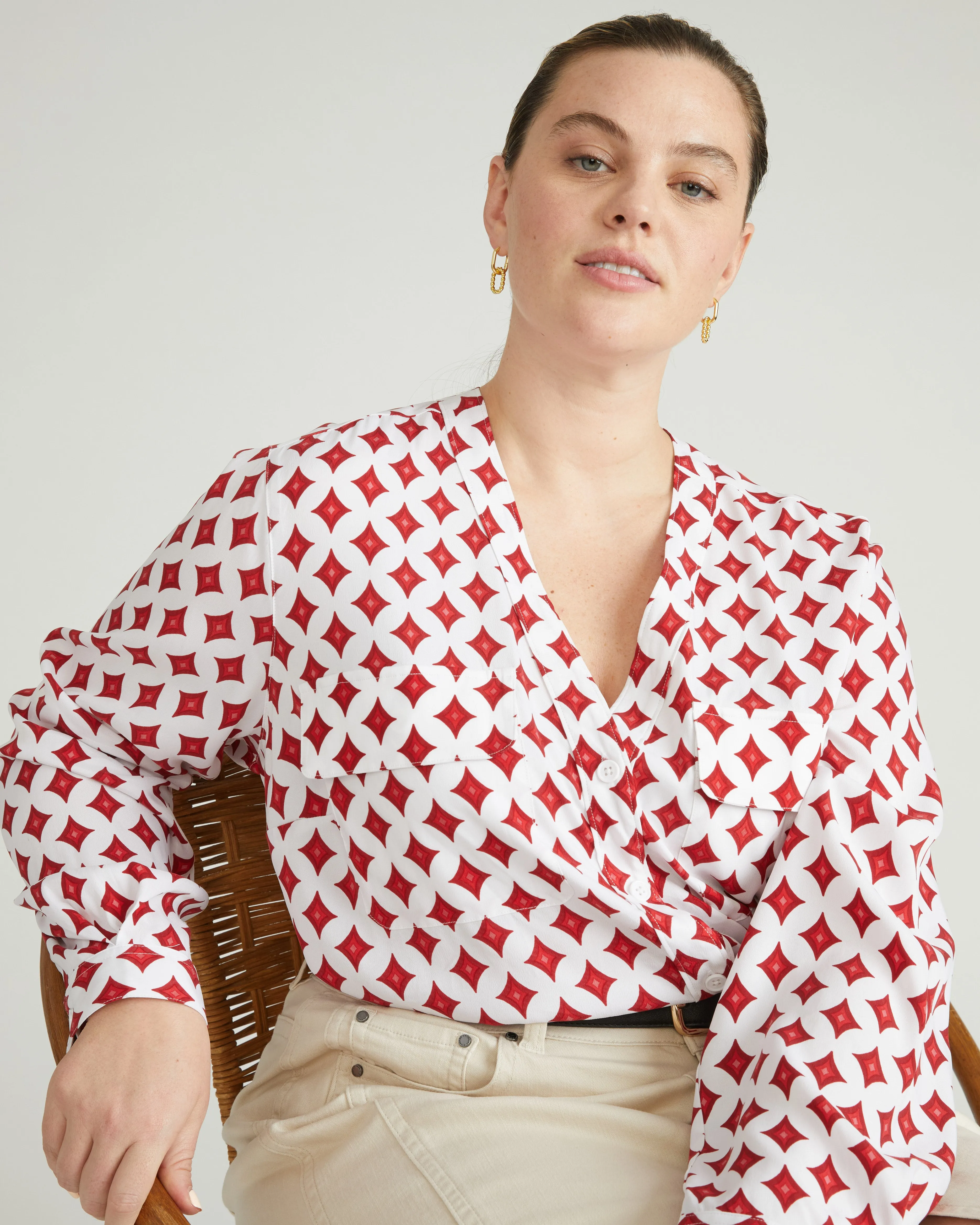 Cooling Stretch Cupro Button-Down Blouse - Morningstar Print in Red sold by Universal Standard product image thumbnail 3