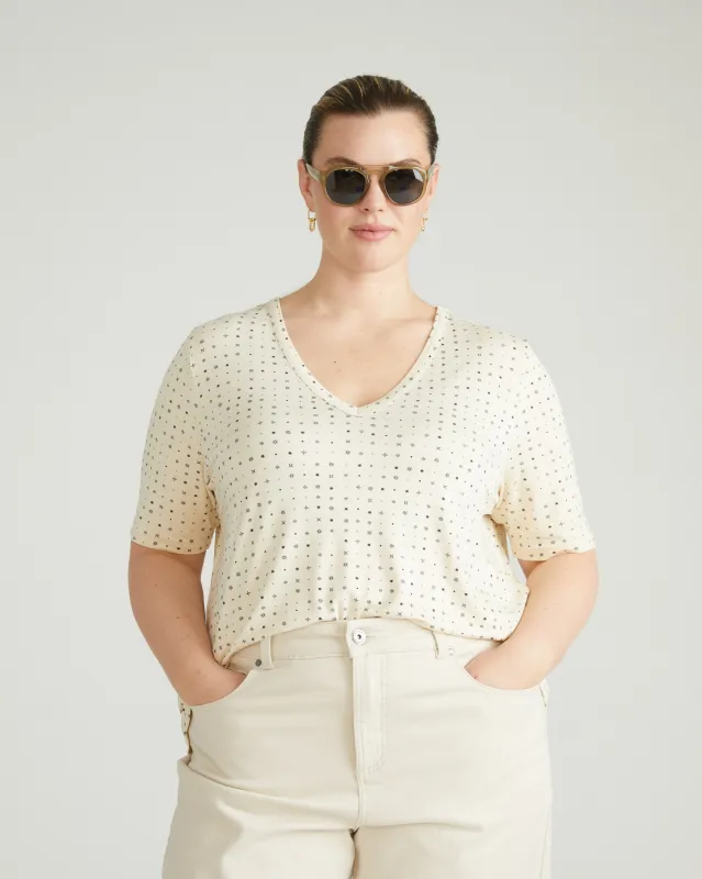 Lily Liquid Jersey V-Neck Stovepipe Tee - Galactic Print in Ecru sold by Universal Standard