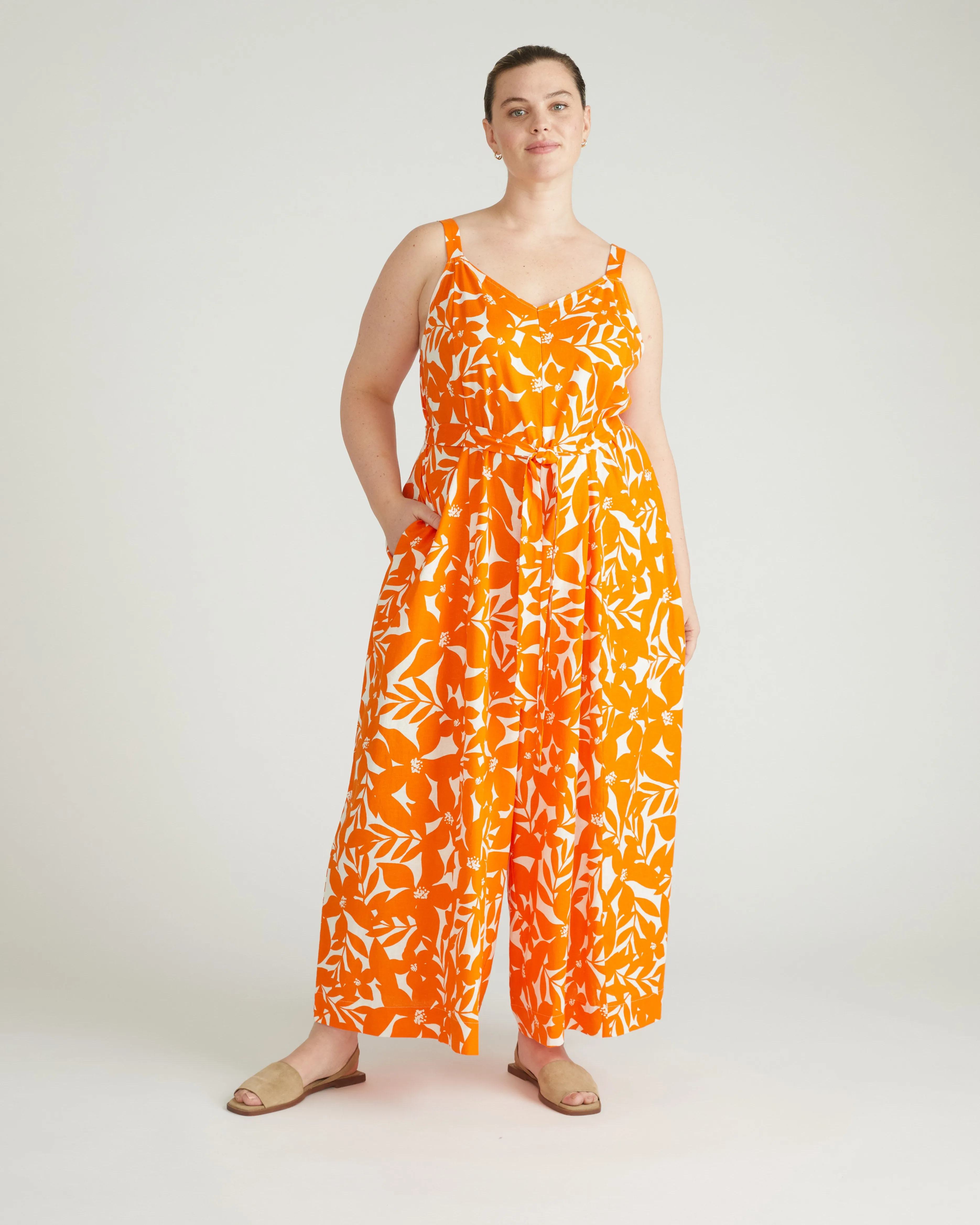 Promenade Linen Jumpsuit - Petal Palette Print in Arancia sold by Universal Standard