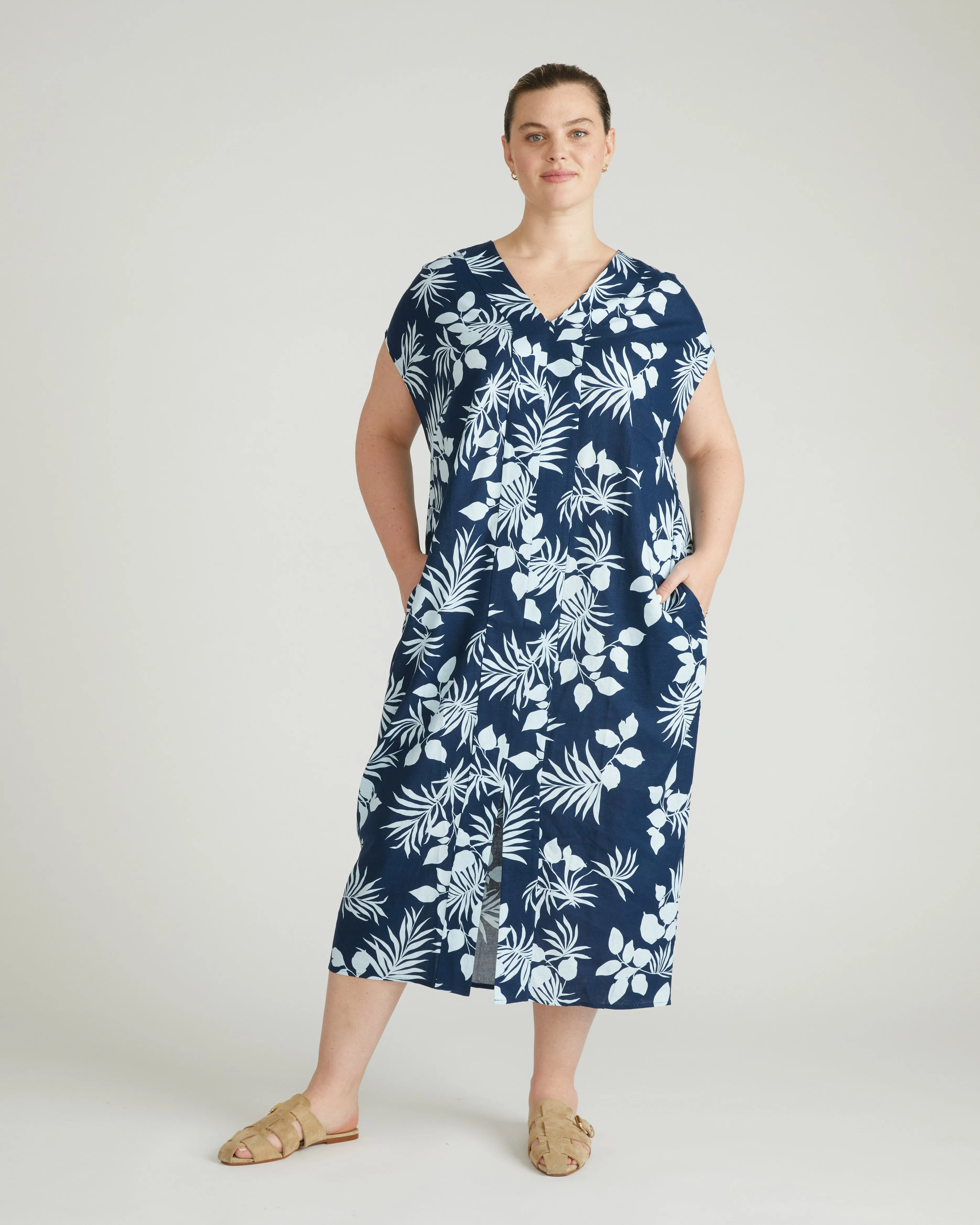 Cabana Linen Kaftan - Palm Print in Light Blue sold by Universal Standard