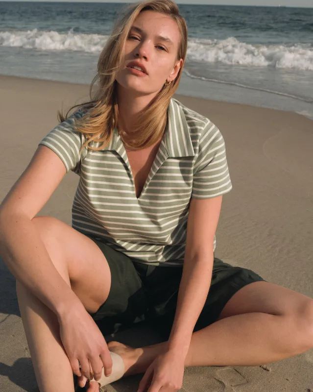 Cecile Breton Stripe Polo - Sage/Ecru Stripe sold by Universal Standard