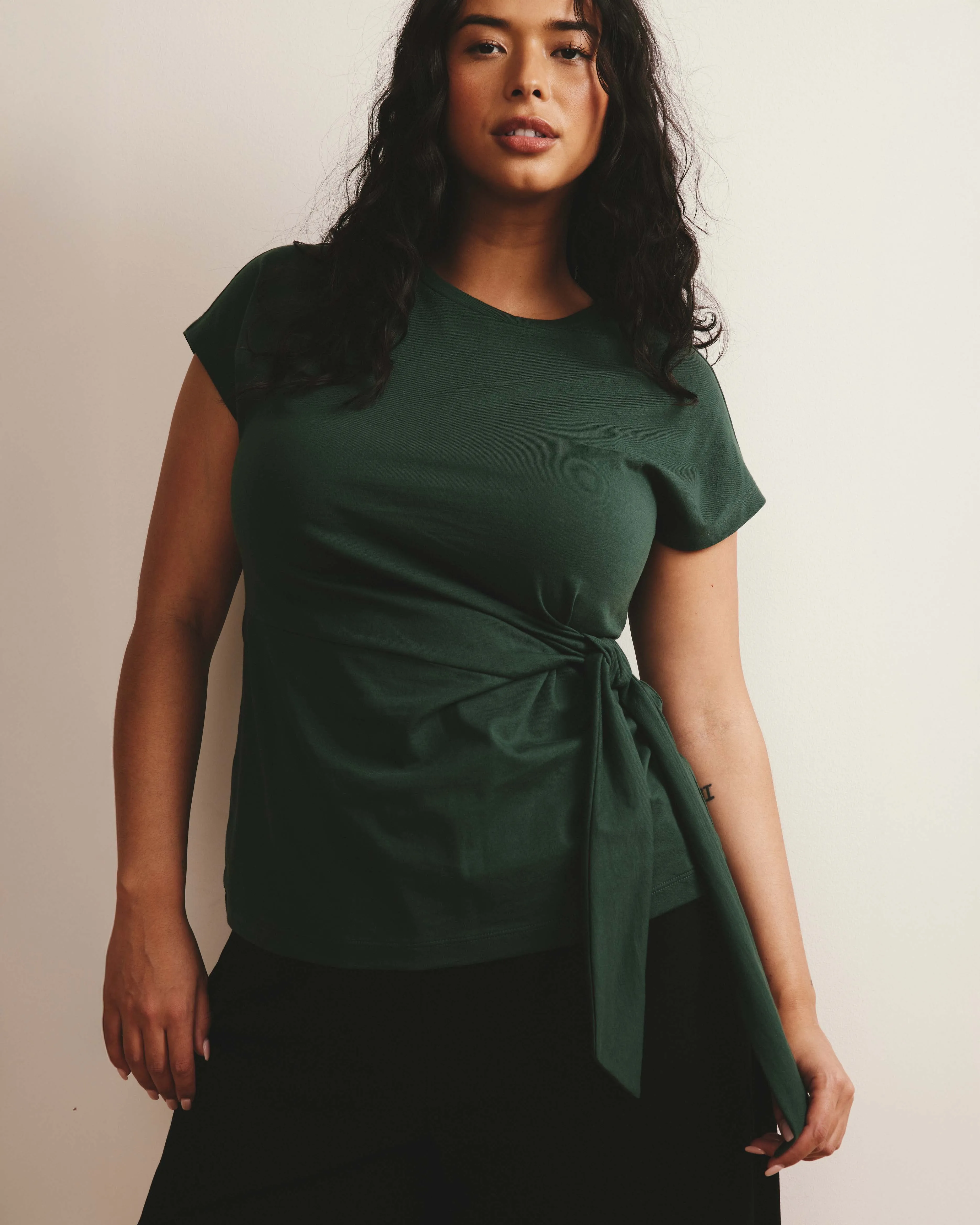 Crescent Breton Stripe Knot Tee - Solid Conifer sold by Universal Standard