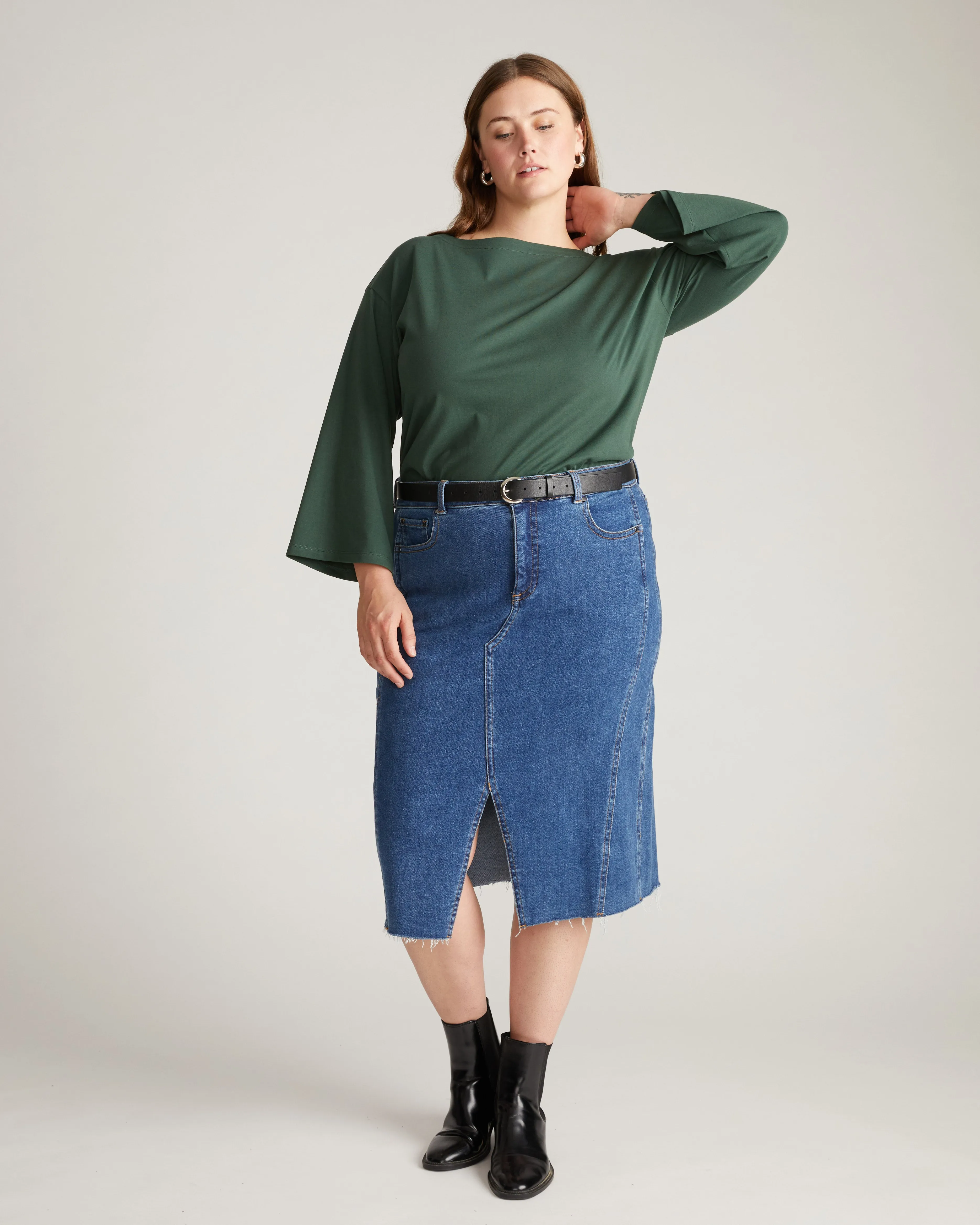 Montauk Breton Stripe Bell Sleeve Top - Solid Conifer sold by Universal Standard