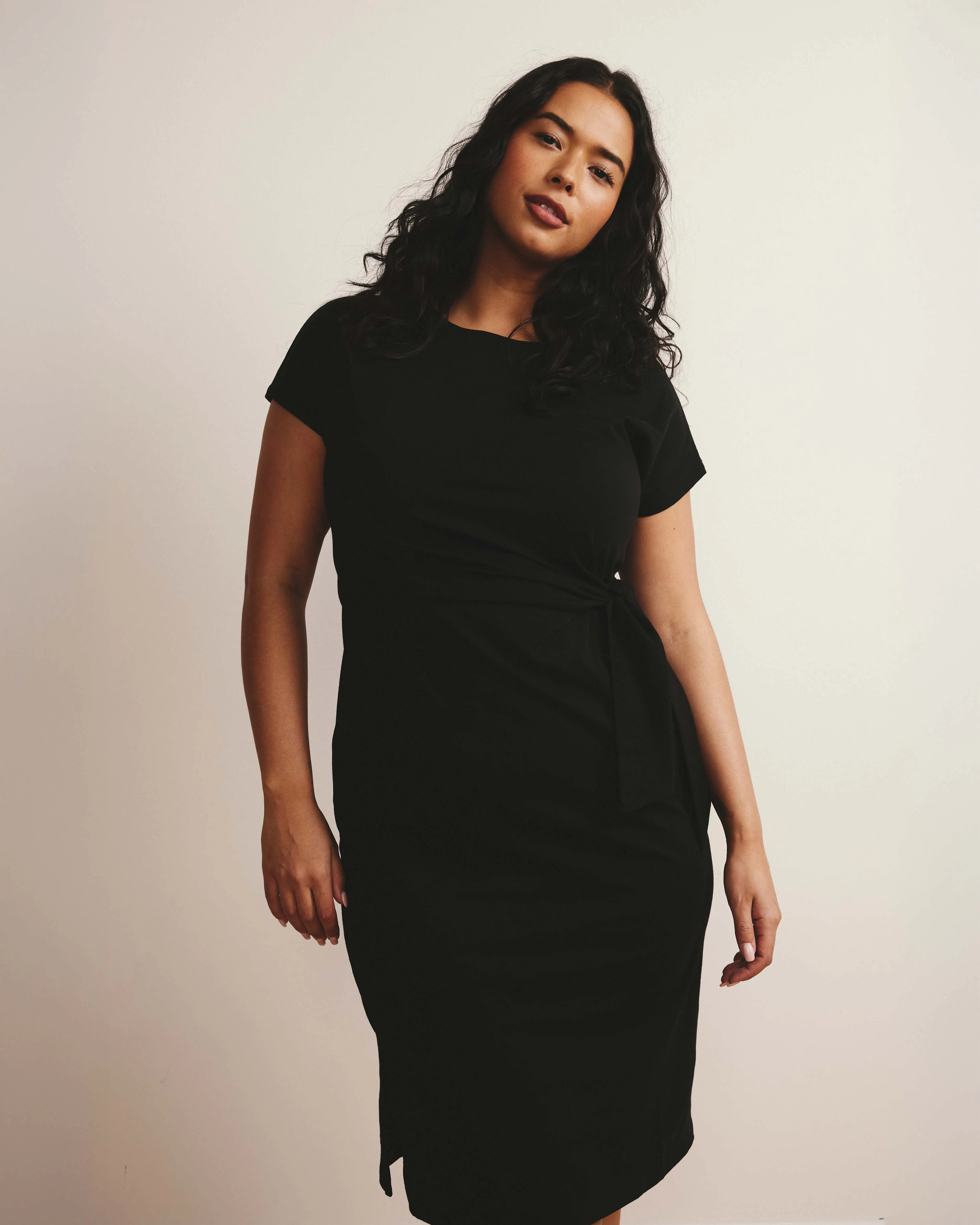 Crescent Breton Stripe Knot Dress - Solid Black sold by Universal Standard