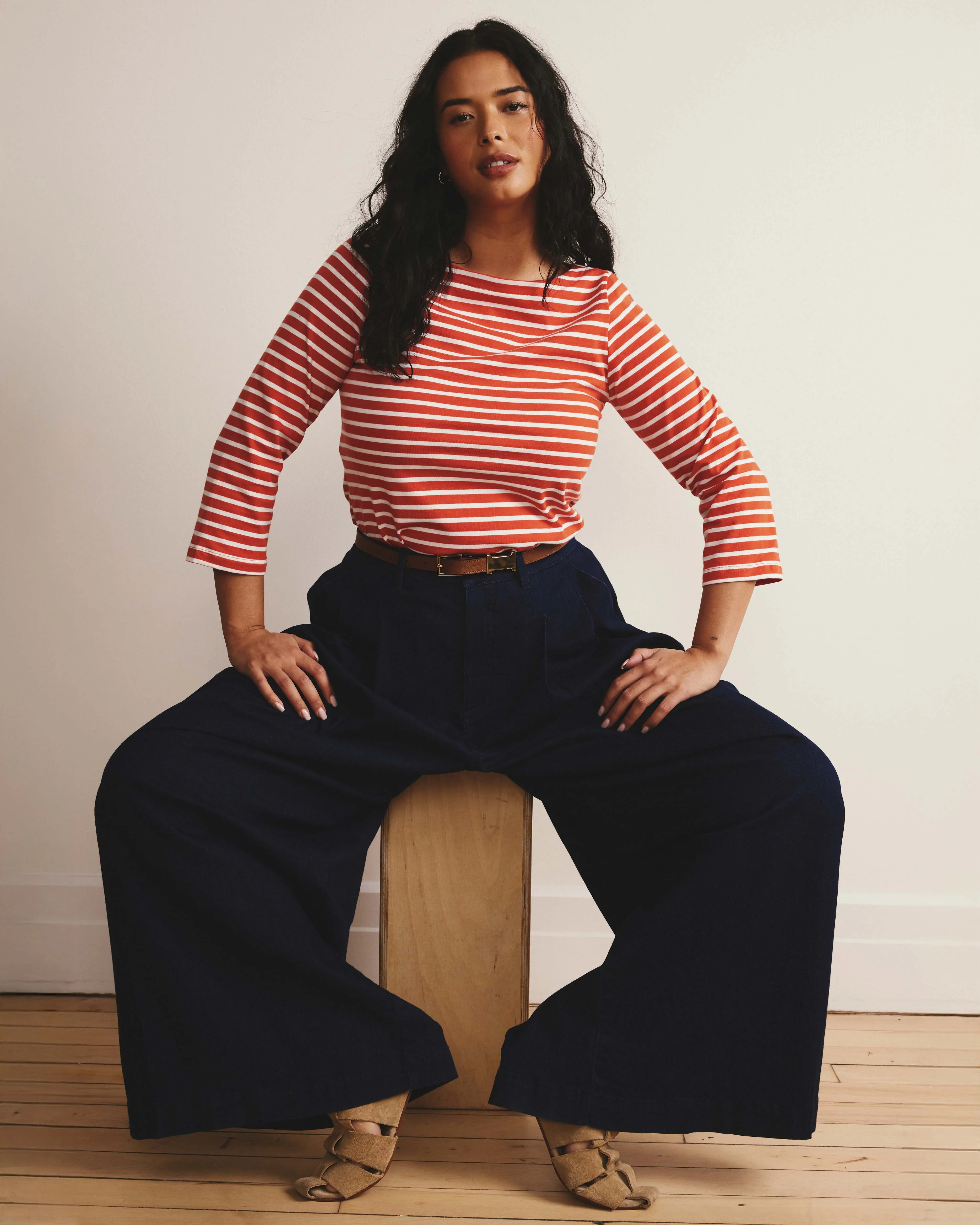 Belle Breton Stripe Jersey Tee - Coral Reef/White Stripe sold by Universal Standard