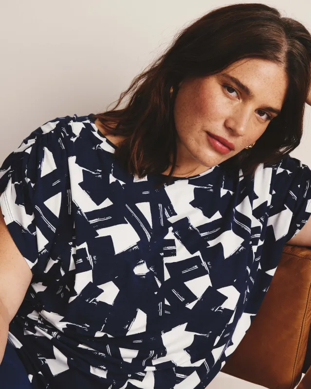 Helena Divine Jersey Gathered Tee - Navy Santiago Print sold by Universal Standard