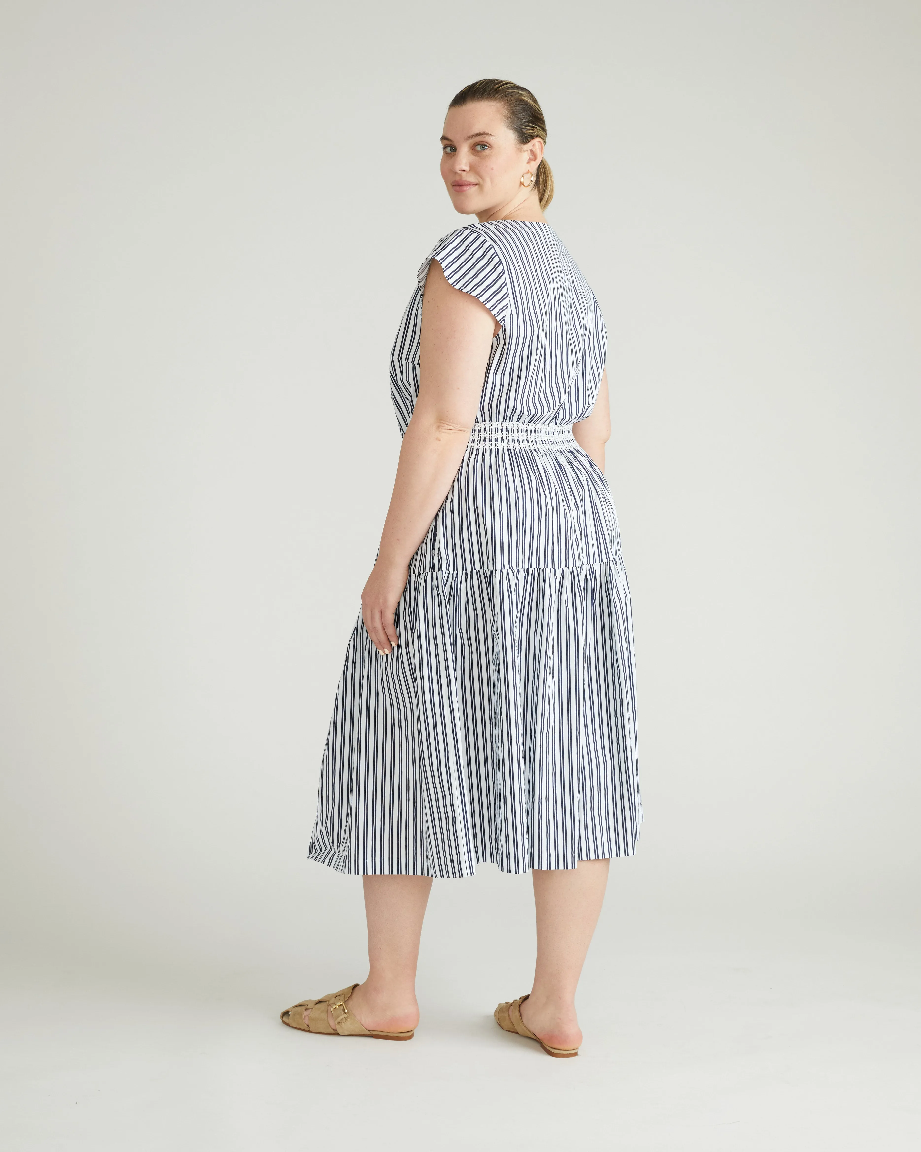 Ambroeus Smocked Poplin Dress - White/Navy Multi Stripe sold by Universal Standard product image thumbnail 3