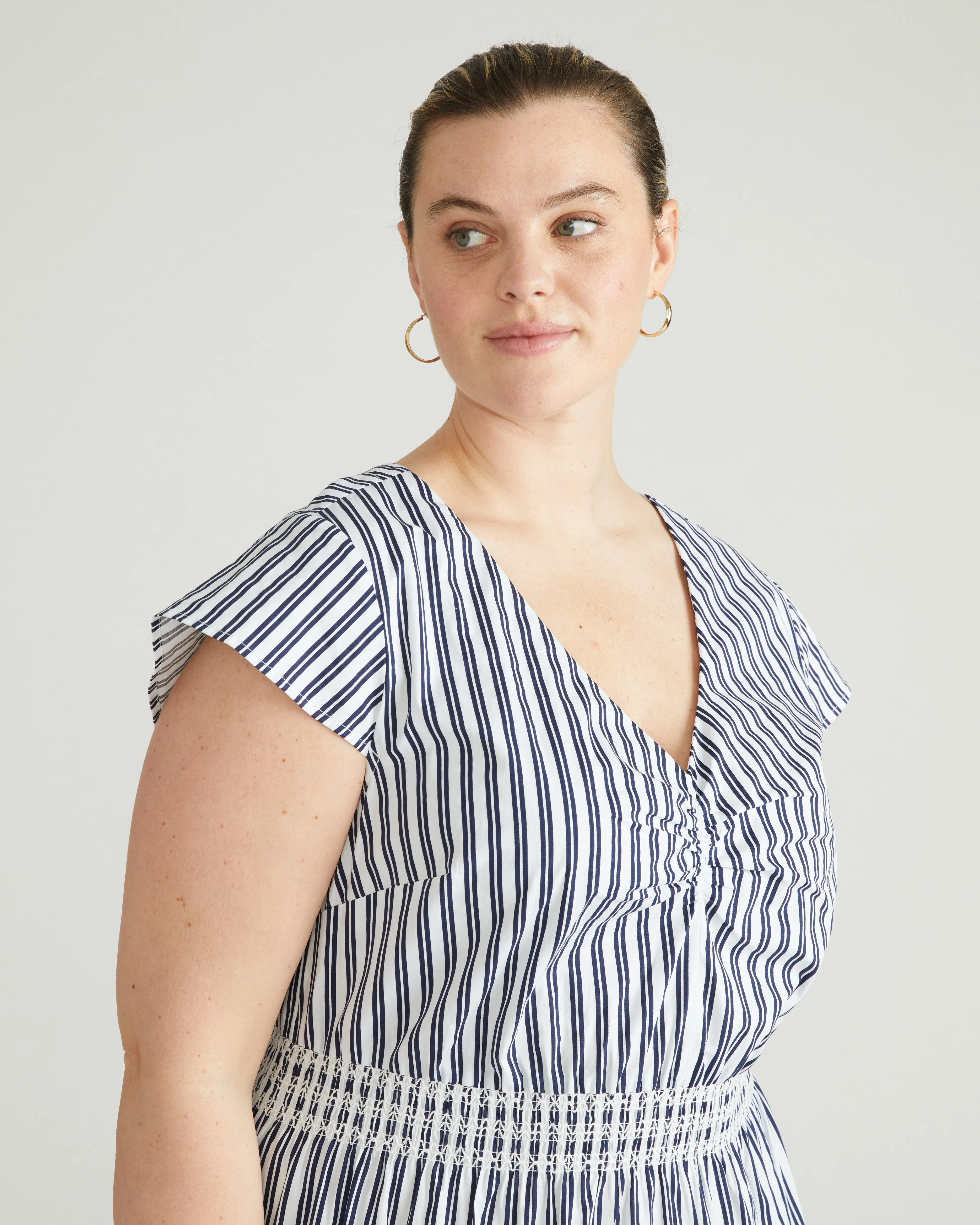 Ambroeus Smocked Poplin Dress - White/Navy Multi Stripe sold by Universal Standard