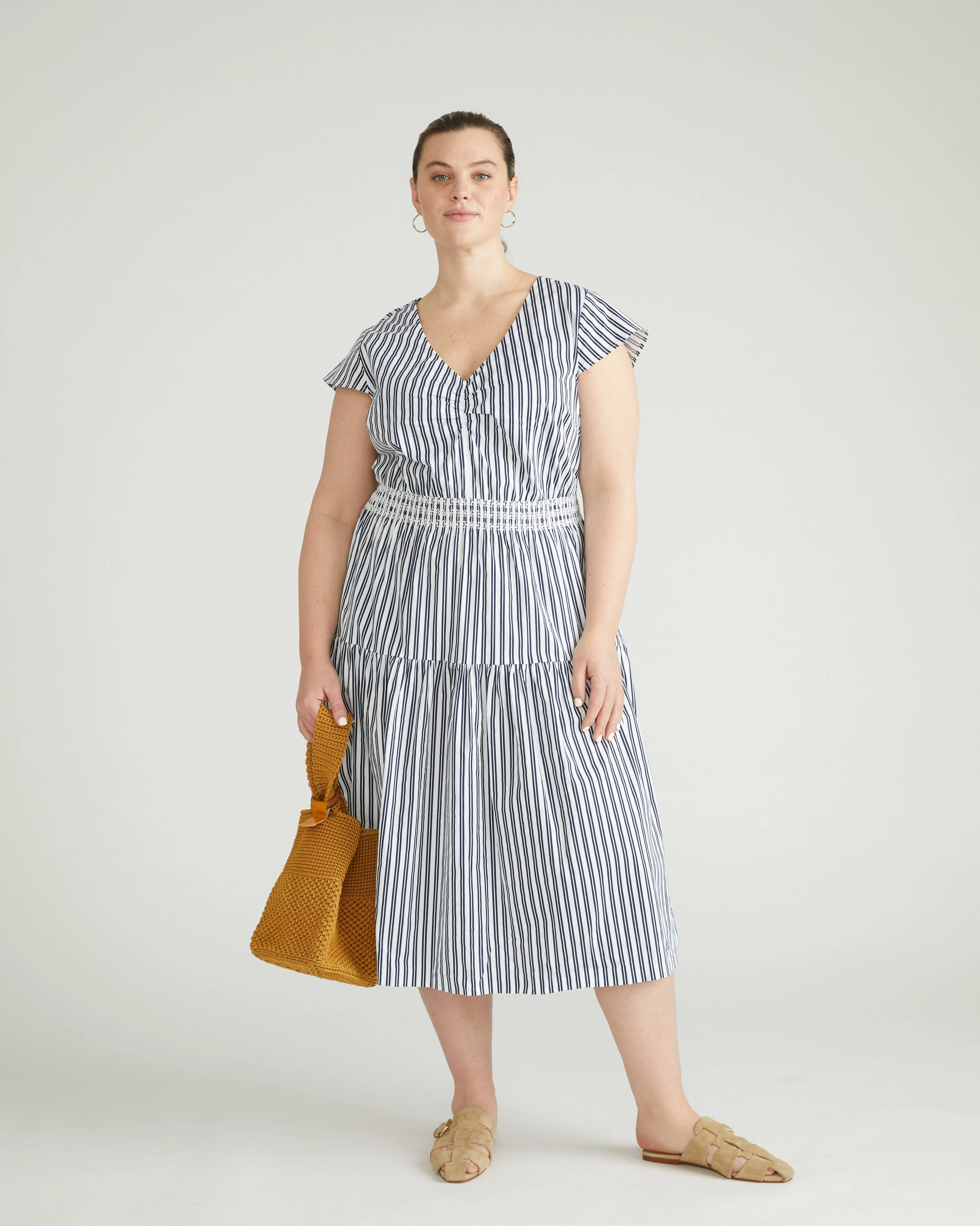 Ambroeus Smocked Poplin Dress - White/Navy Multi Stripe sold by Universal Standard product image thumbnail 2