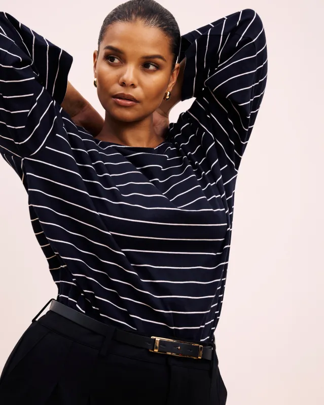 Montauk Breton Stripe Bell Sleeve Top - Navy Pinstripe sold by Universal Standard