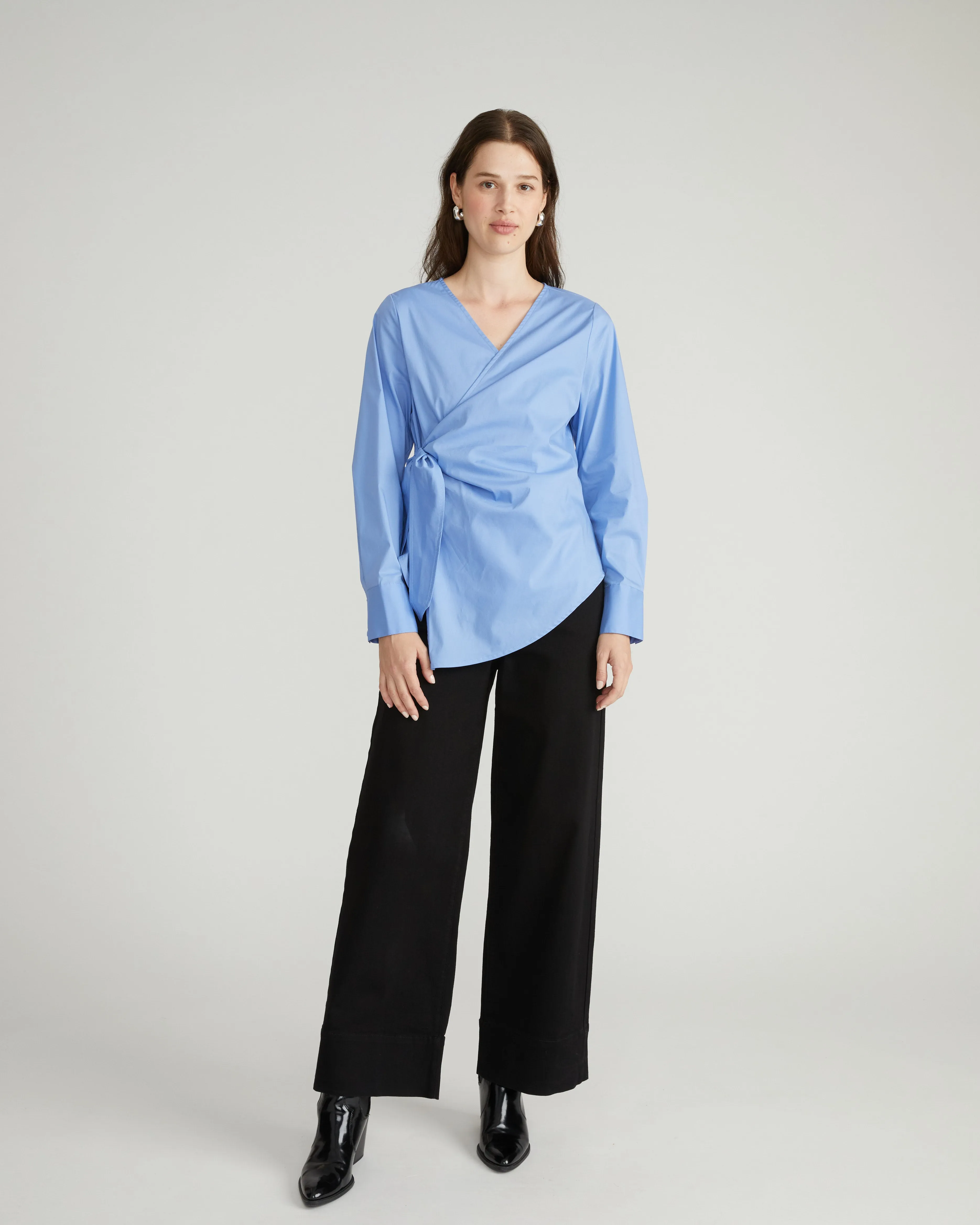 Beacon Stretch Poplin Wrap Shirt - Soft Blue sold by Universal Standard