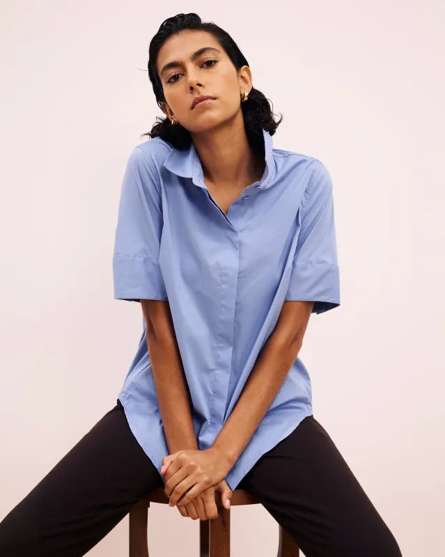 Elbe Stretch Poplin Short Sleeve Shirt - Soft Blue sold by Universal Standard