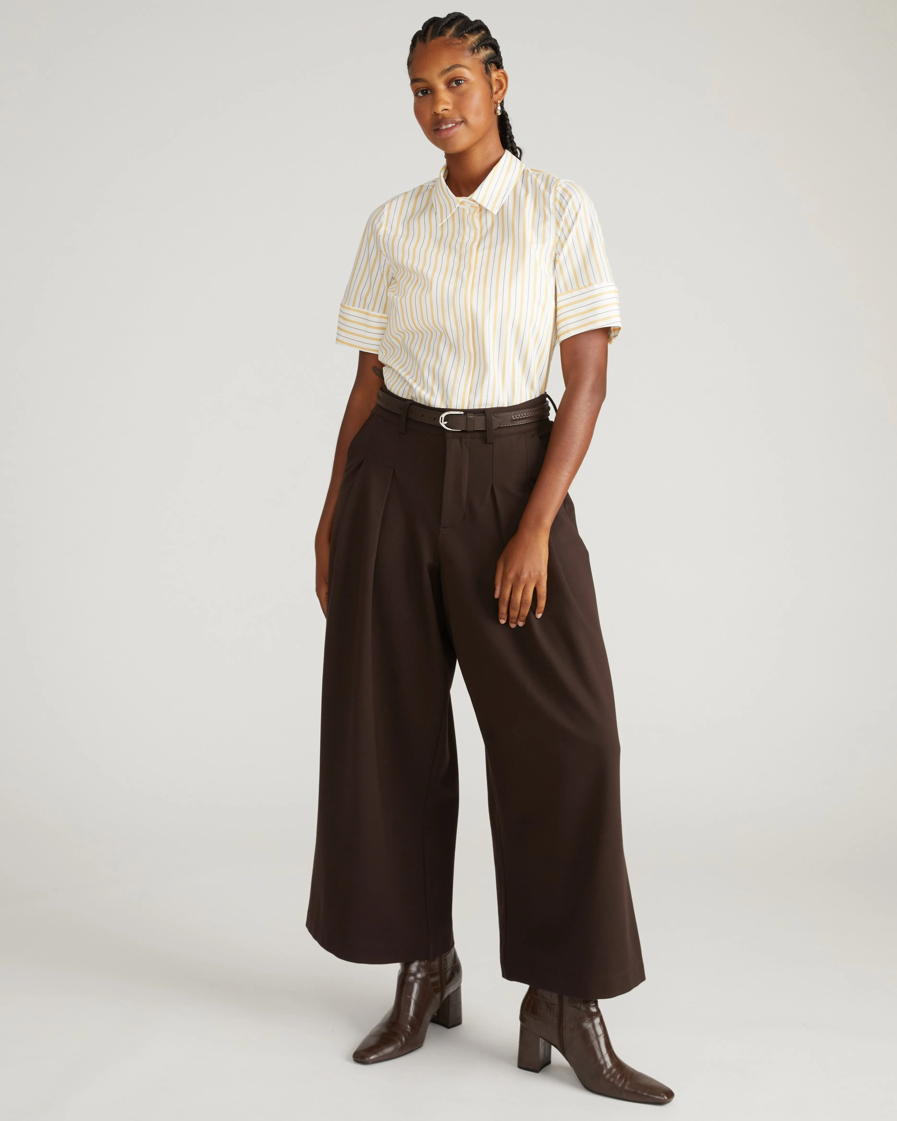 Elbe Stretch Poplin Short Sleeve Shirt - Yellow Multi Stripe sold by Universal Standard