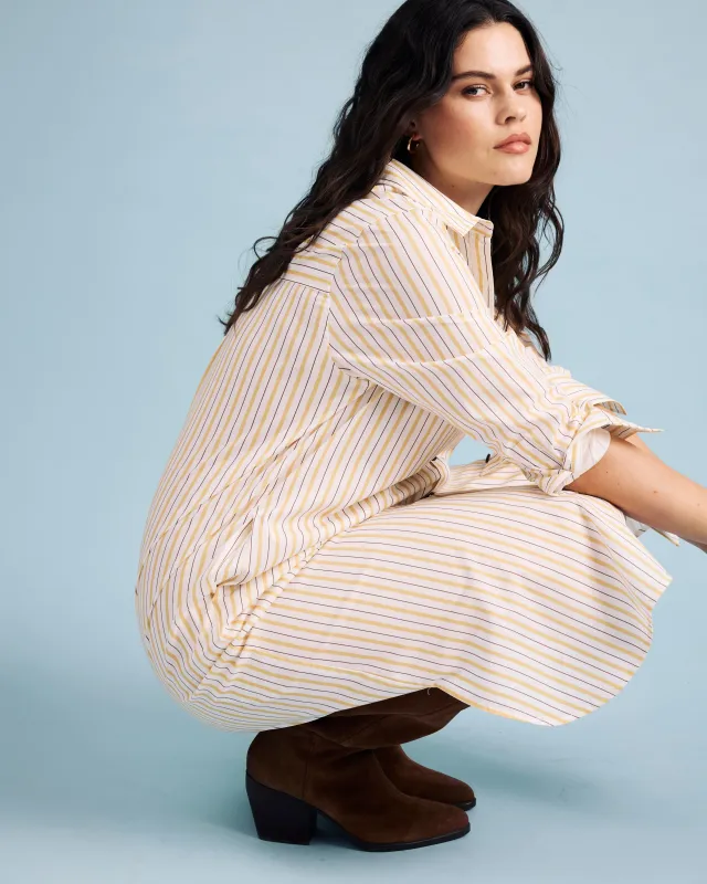 Odeon Stretch Poplin Shirtdress - Yellow Multi Stripe sold by Universal Standard