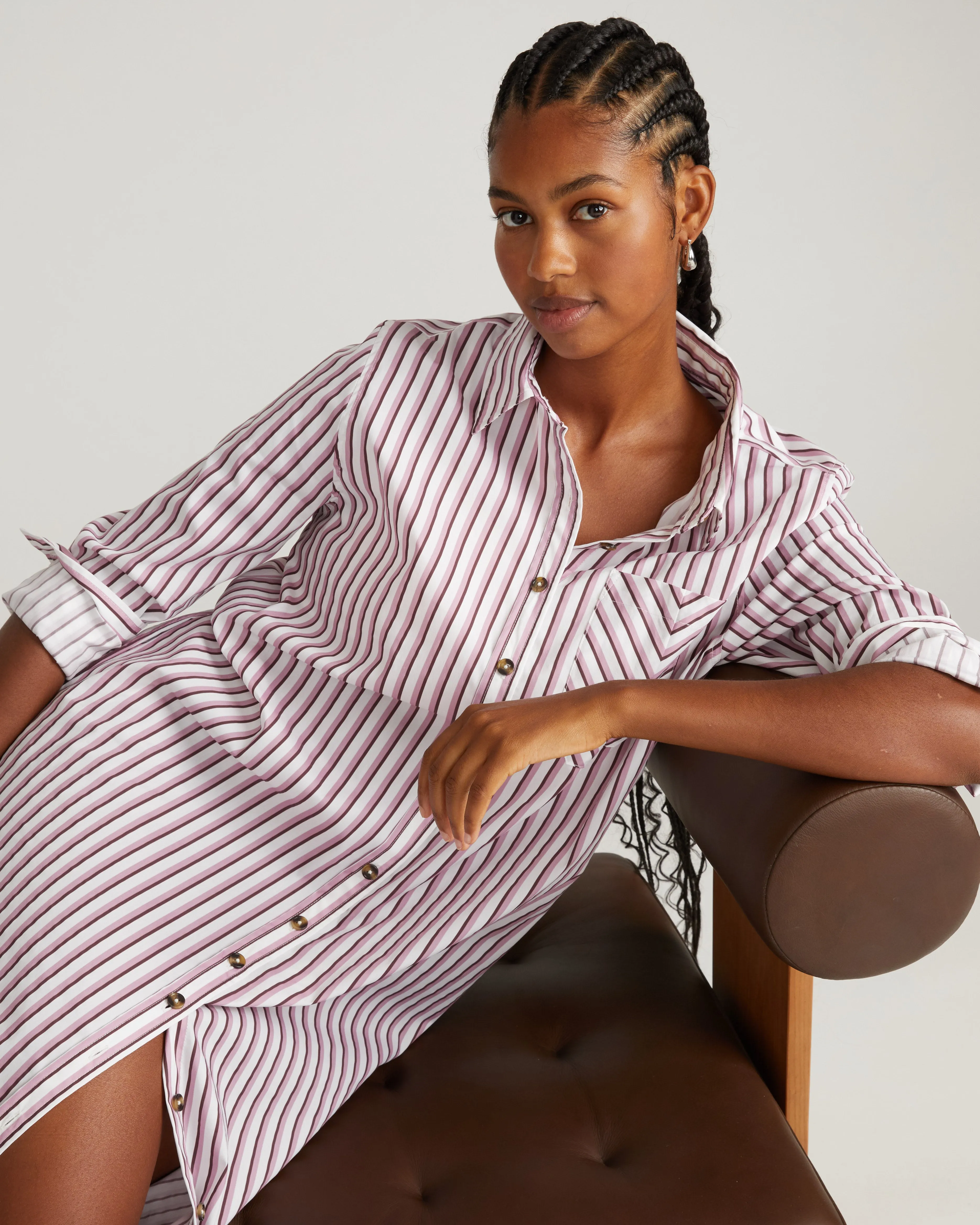 Odeon Stretch Poplin Shirtdress - Lilac Multi Stripe sold by Universal Standard