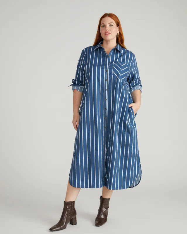 Odeon Stretch Poplin Shirtdress - Ensign Blue/White Stripe sold by Universal Standard