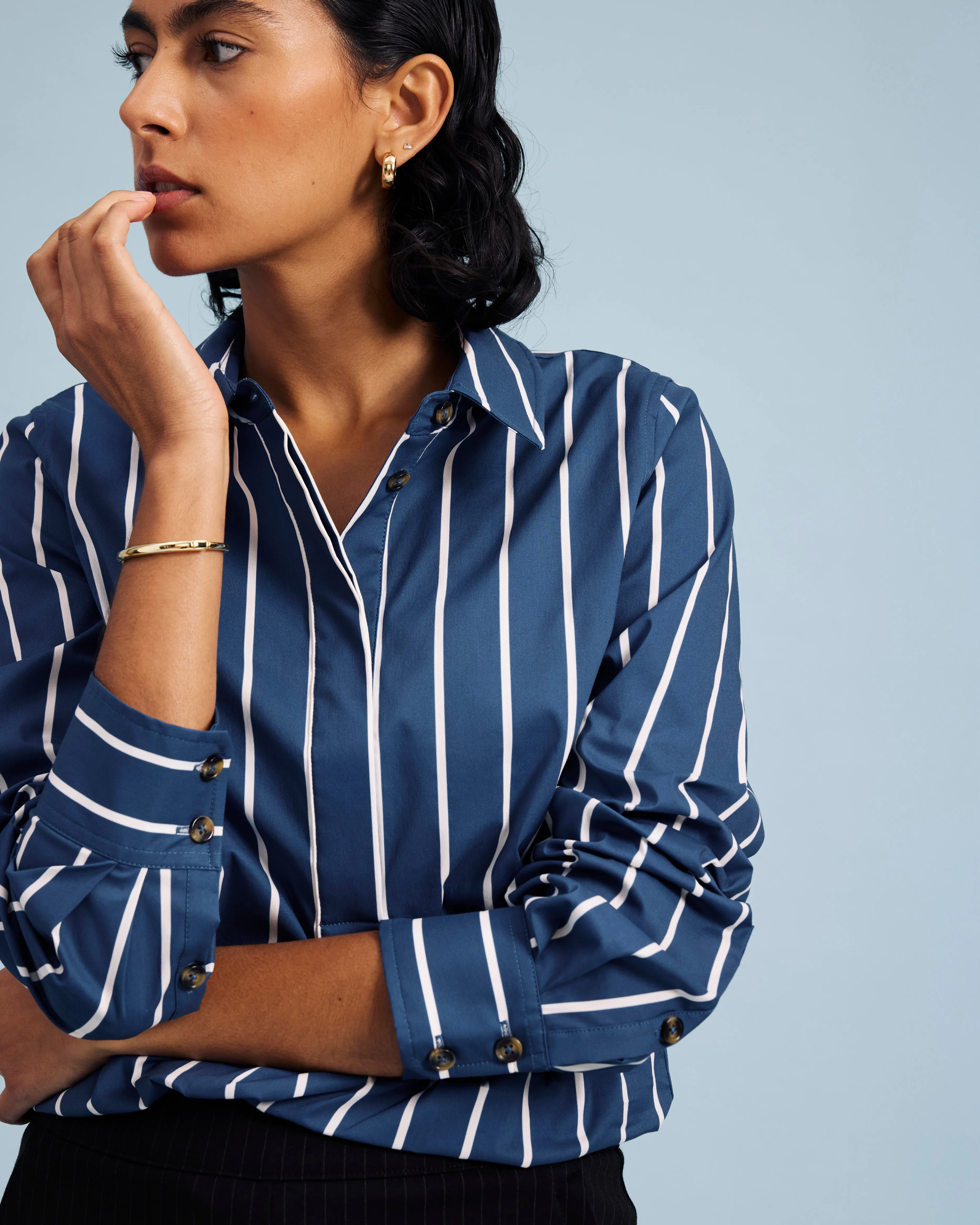 Elbe Popover Stretch Poplin Shirt Classic Fit - Ensign Blue/White Stripe sold by Universal Standard