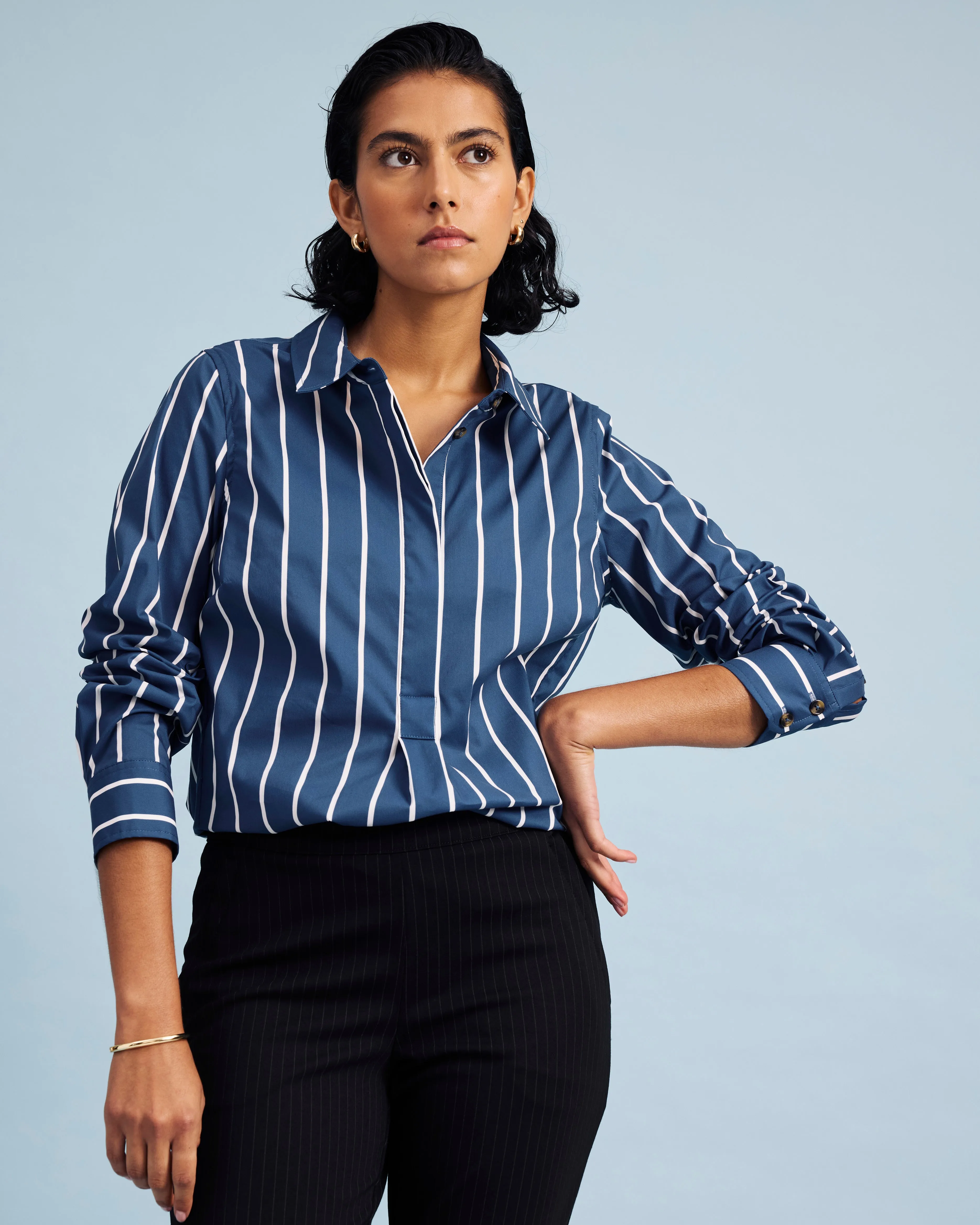 Elbe Popover Stretch Poplin Shirt Classic Fit - Ensign Blue/White Stripe sold by Universal Standard product image thumbnail 3