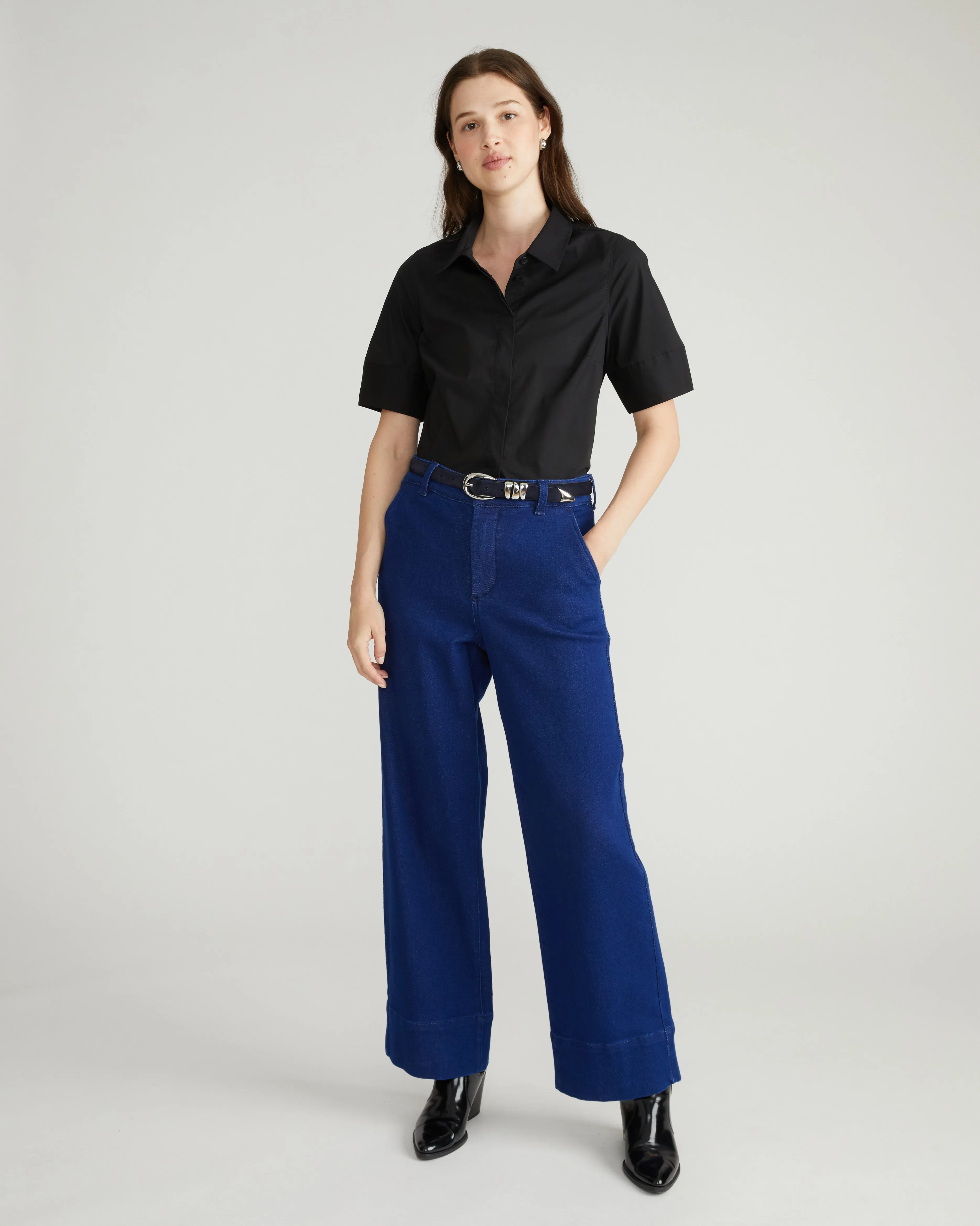 Elbe Stretch Poplin Short Sleeve Shirt - Black sold by Universal Standard