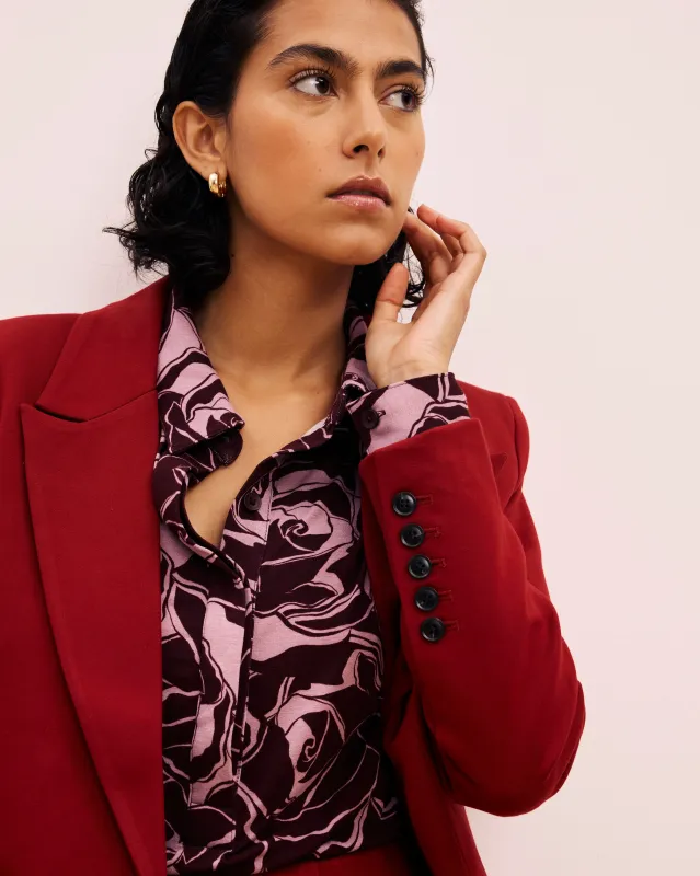 Elbe Popover Liquid Jersey Shirt Classic Fit - Rose Print in Black Cherry sold by Universal Standard