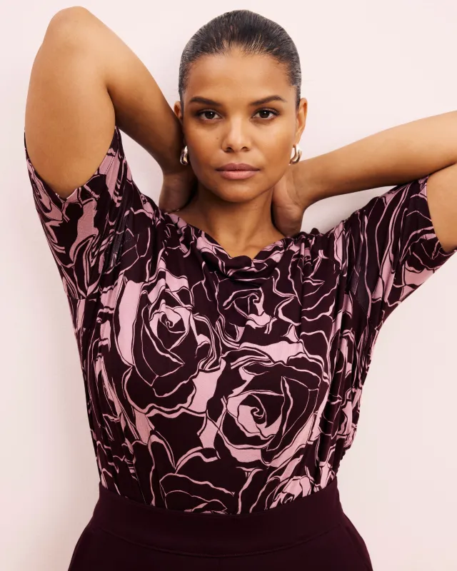 Louise Short Sleeve Liquid Jersey Top - Rose Print in Black Cherry sold by Universal Standard