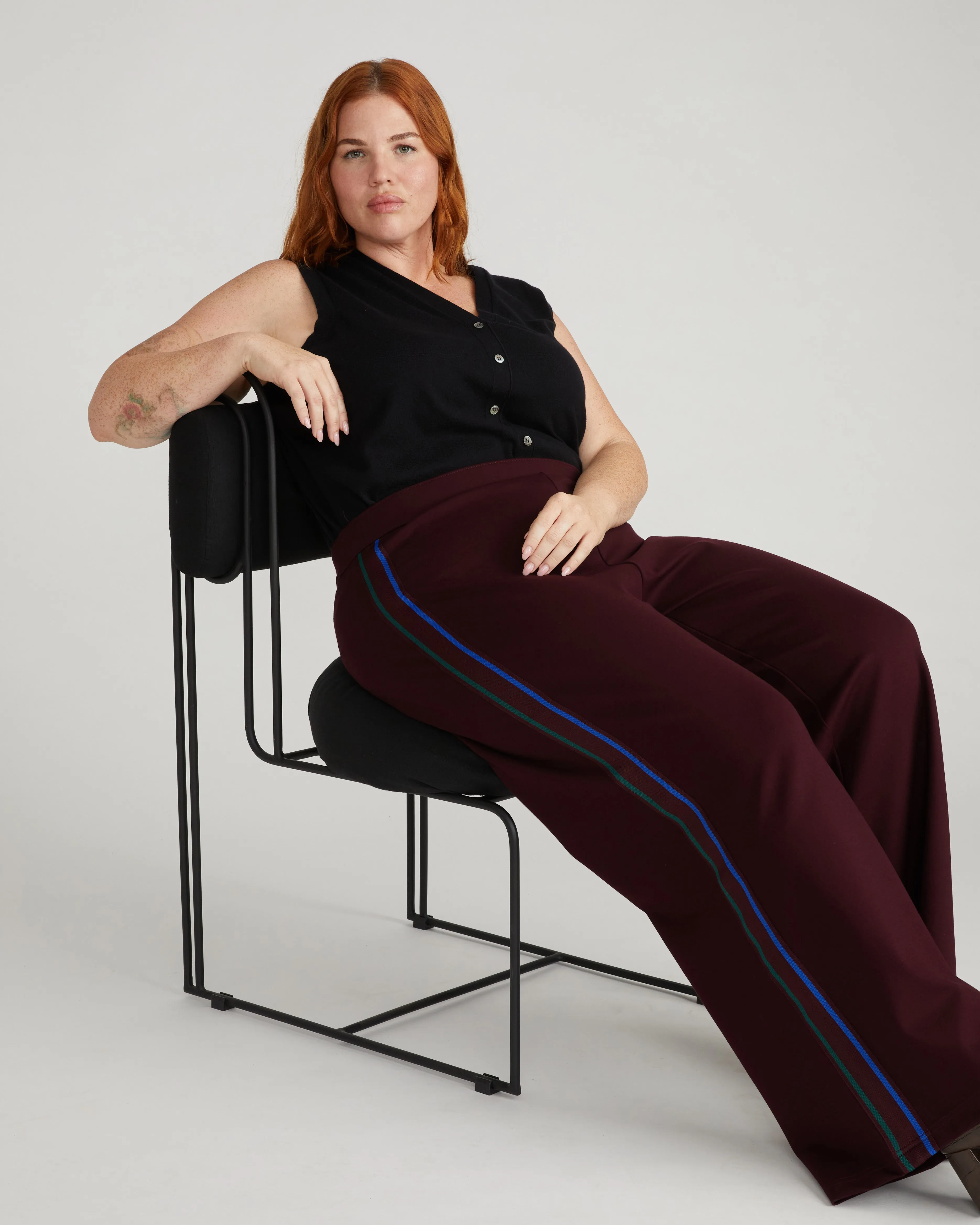 Stephanie Wide Leg Stripe Ponte Pants 30 Inch - Black Cherry with Green/Ultramarine Piping sold by Universal Standard