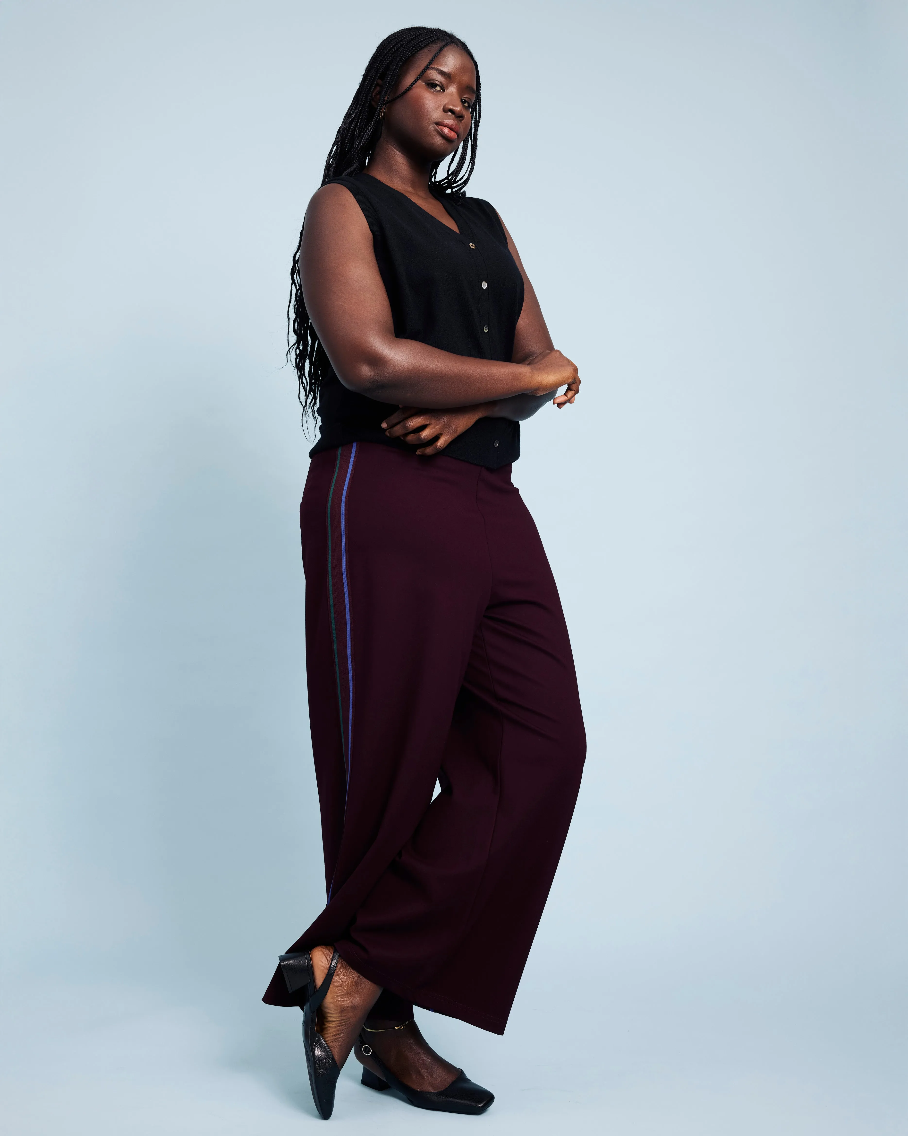 Stephanie Wide Leg Stripe Ponte Pants 30 Inch - Black Cherry with Green/Ultramarine Piping sold by Universal Standard product image thumbnail 3