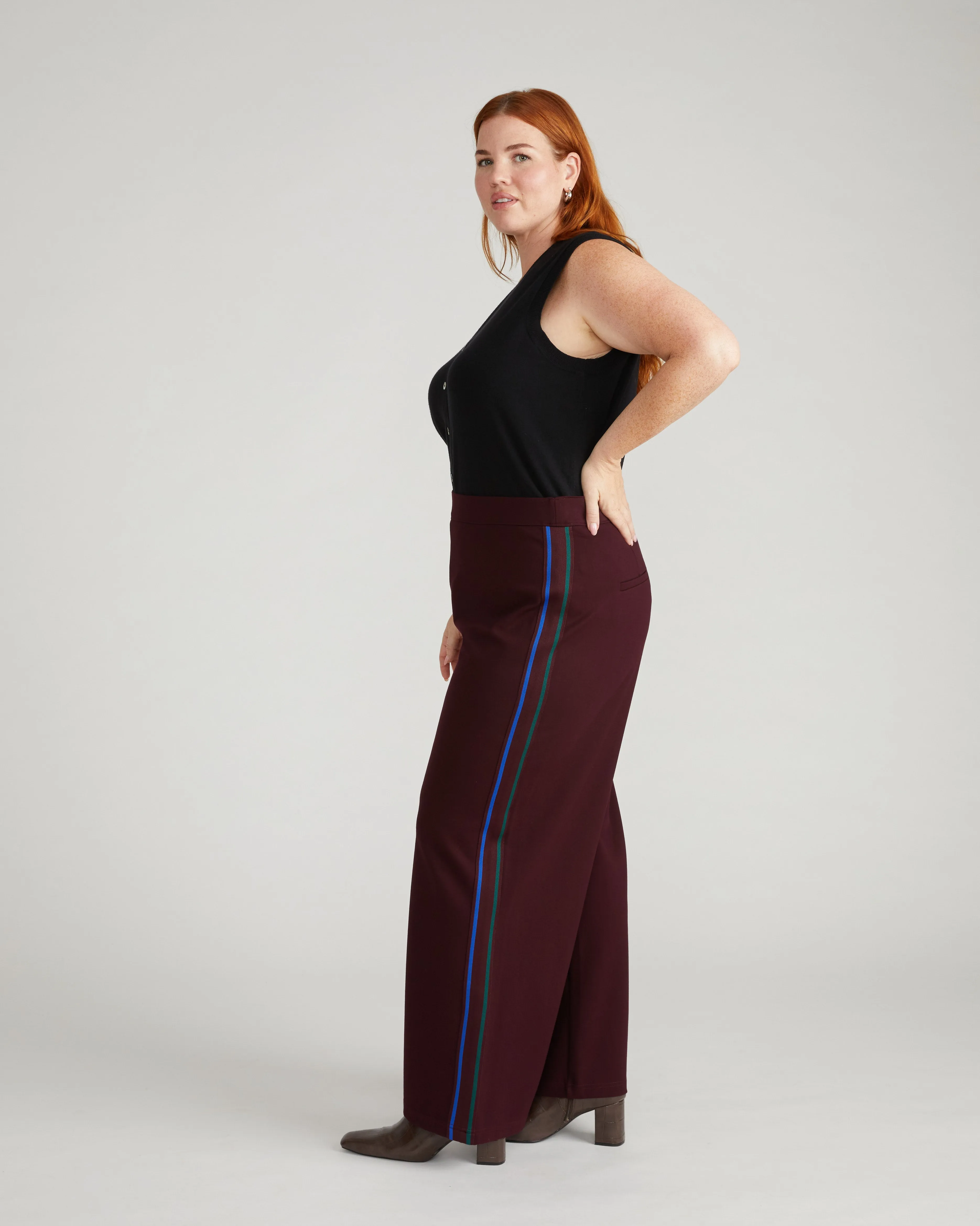 Stephanie Wide Leg Stripe Ponte Pants 30 Inch - Black Cherry with Green/Ultramarine Piping sold by Universal Standard product image thumbnail 4