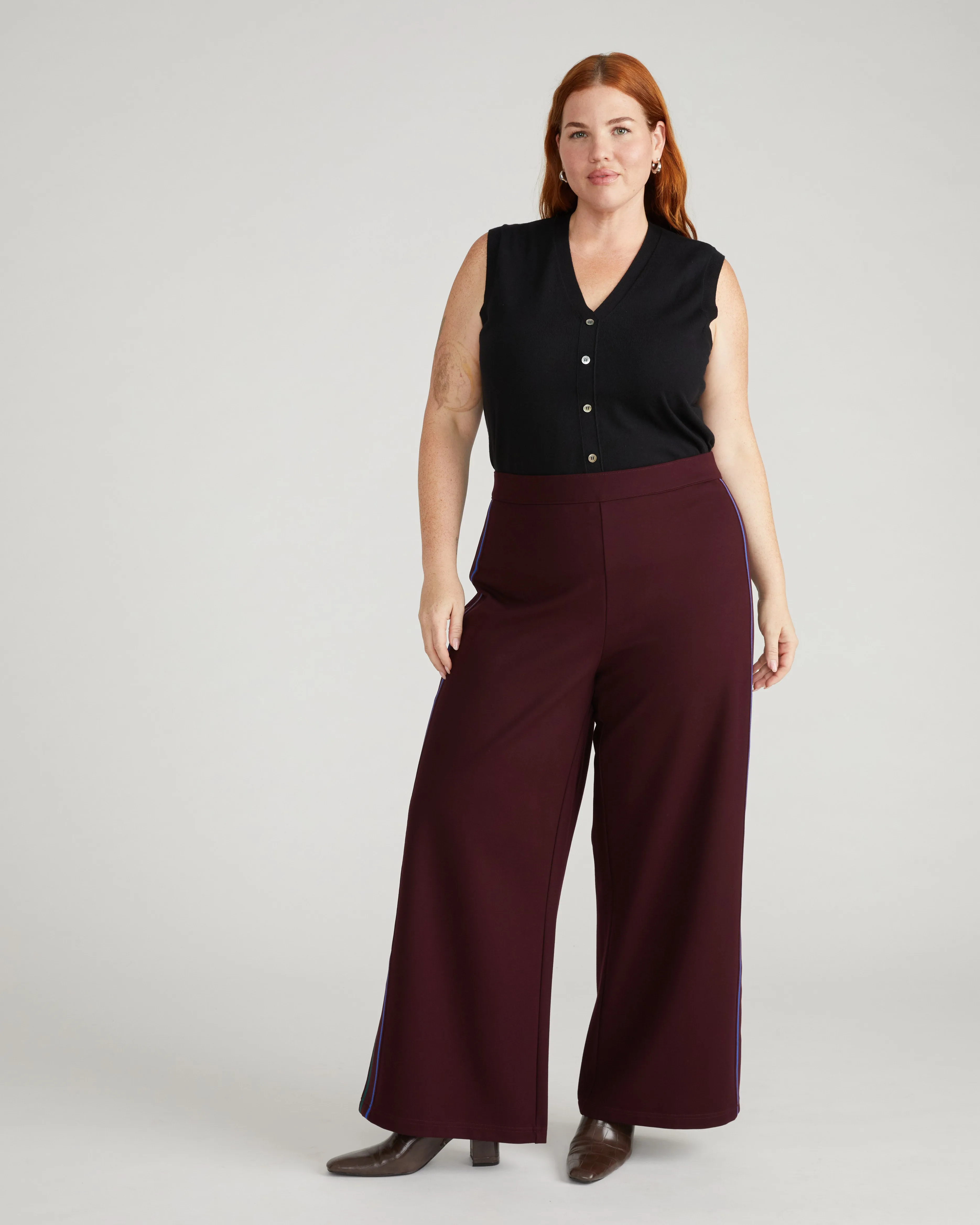 Stephanie Wide Leg Stripe Ponte Pants 30 Inch - Black Cherry with Green/Ultramarine Piping sold by Universal Standard product image thumbnail 2