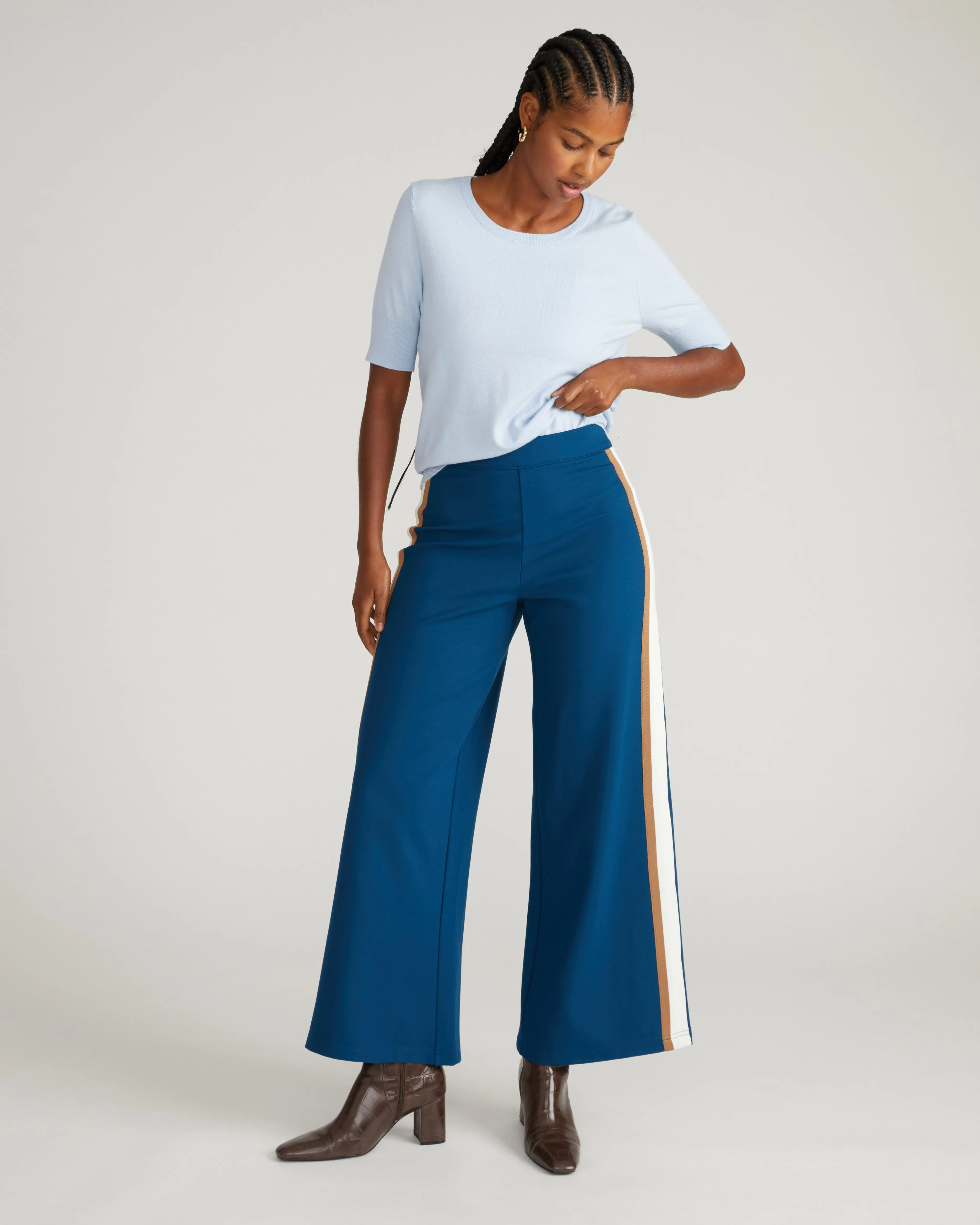 Stephanie Wide Leg Stripe Ponte Pants 30 Inch - Deep Teal with Camel/Ecru Stripe sold by Universal Standard product image thumbnail 2