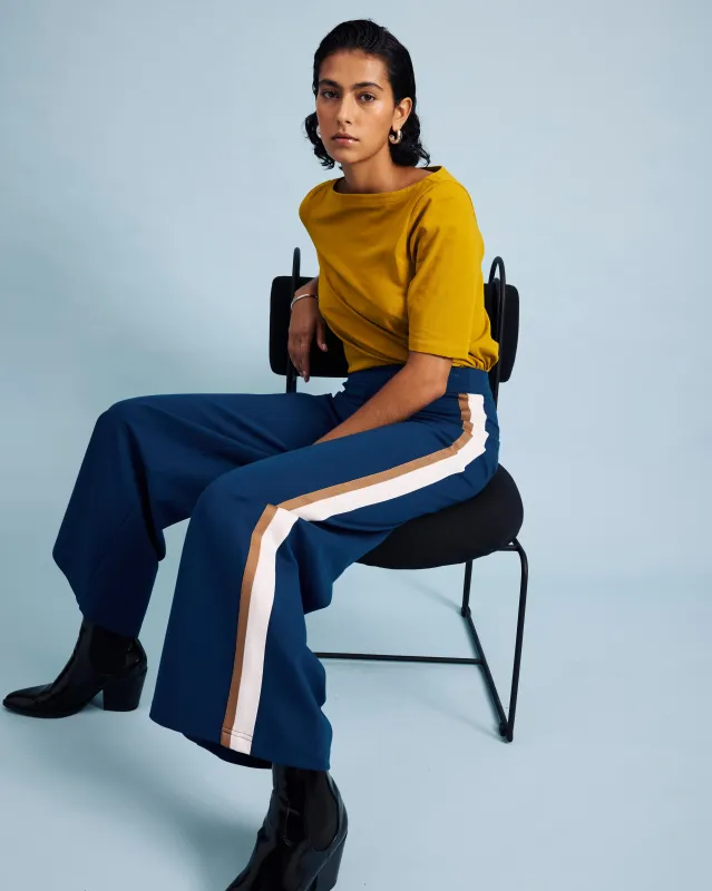 Stephanie Wide Leg Stripe Ponte Pants 30 Inch - Deep Teal with Camel/Ecru Stripe sold by Universal Standard