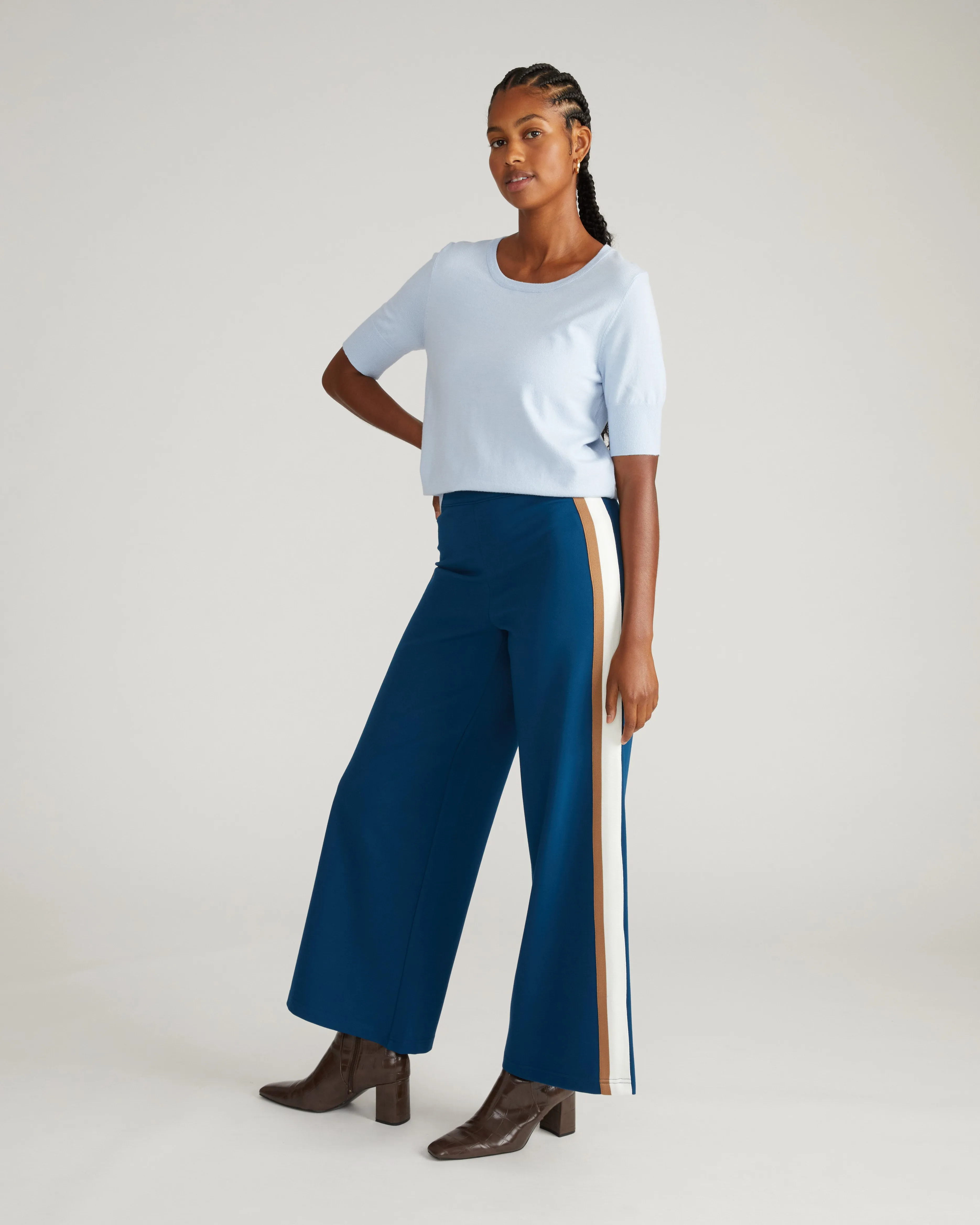Stephanie Wide Leg Stripe Ponte Pants 30 Inch - Deep Teal with Camel/Ecru Stripe sold by Universal Standard product image thumbnail 3